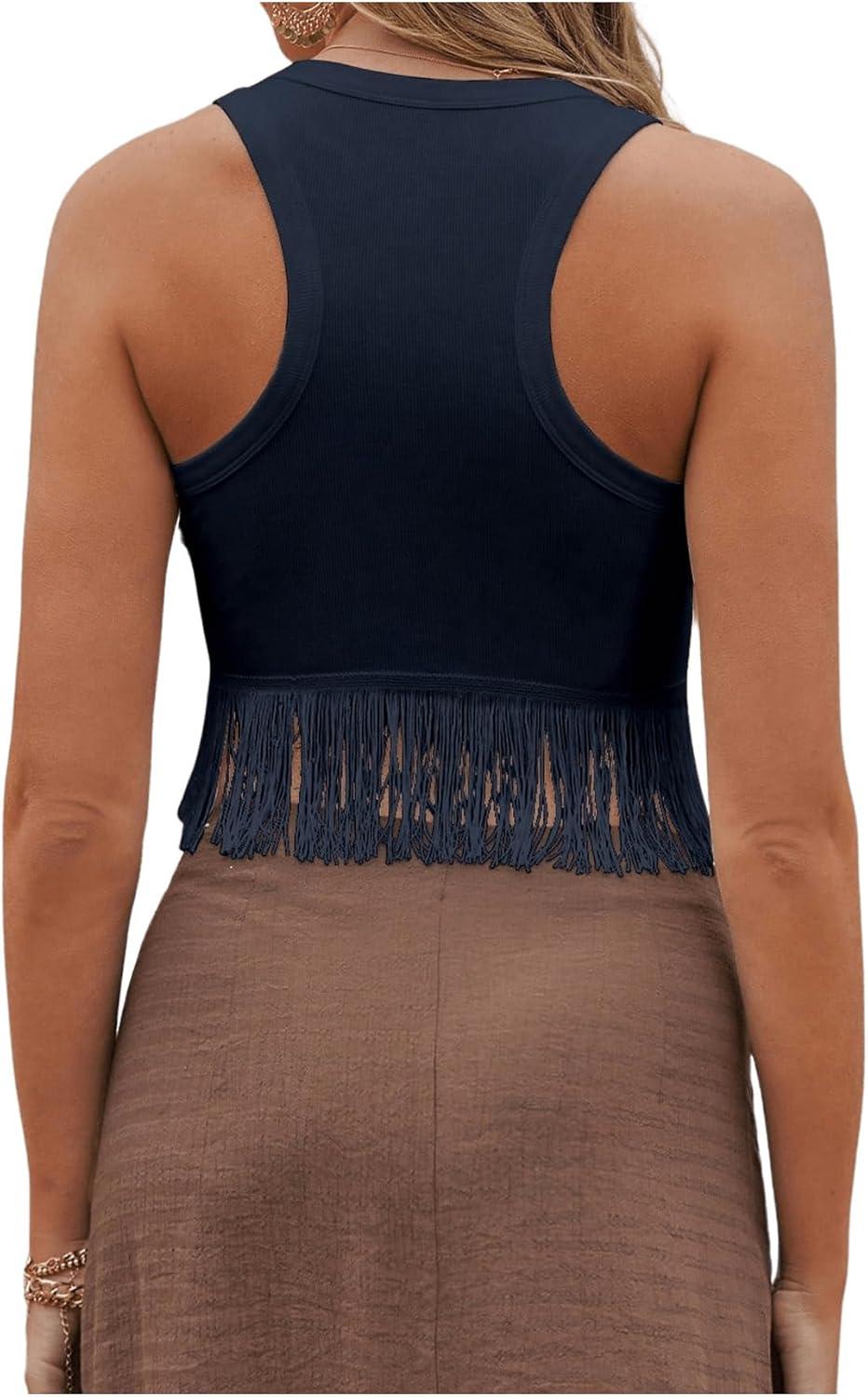 imageSweatyRocks Womens Casual Sleeveless Stretchy Ribbed Knit Shirt Racerback Crop Fringe Tank topBlue