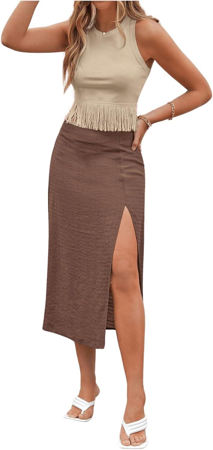 imageSweatyRocks Womens Casual Sleeveless Stretchy Ribbed Knit Shirt Racerback Crop Fringe Tank topKhaki