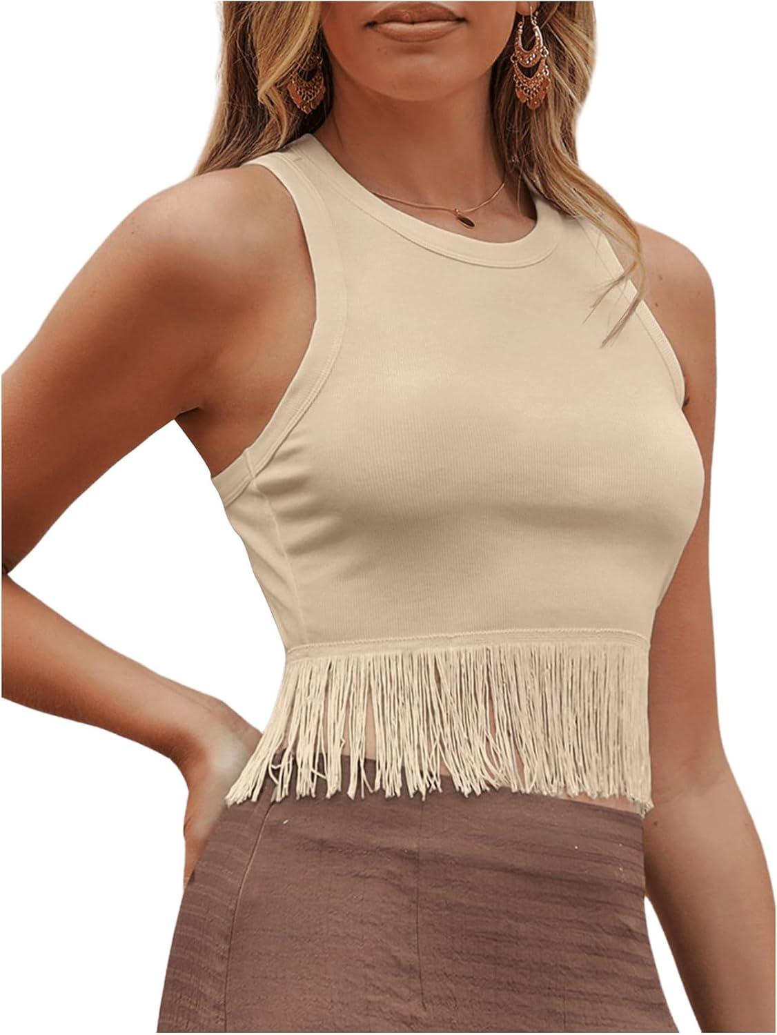 imageSweatyRocks Womens Casual Sleeveless Stretchy Ribbed Knit Shirt Racerback Crop Fringe Tank topKhaki