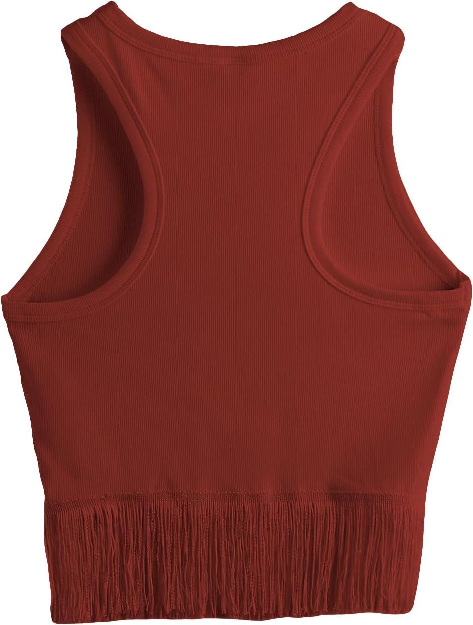 imageSweatyRocks Womens Casual Sleeveless Stretchy Ribbed Knit Shirt Racerback Crop Fringe Tank topRed