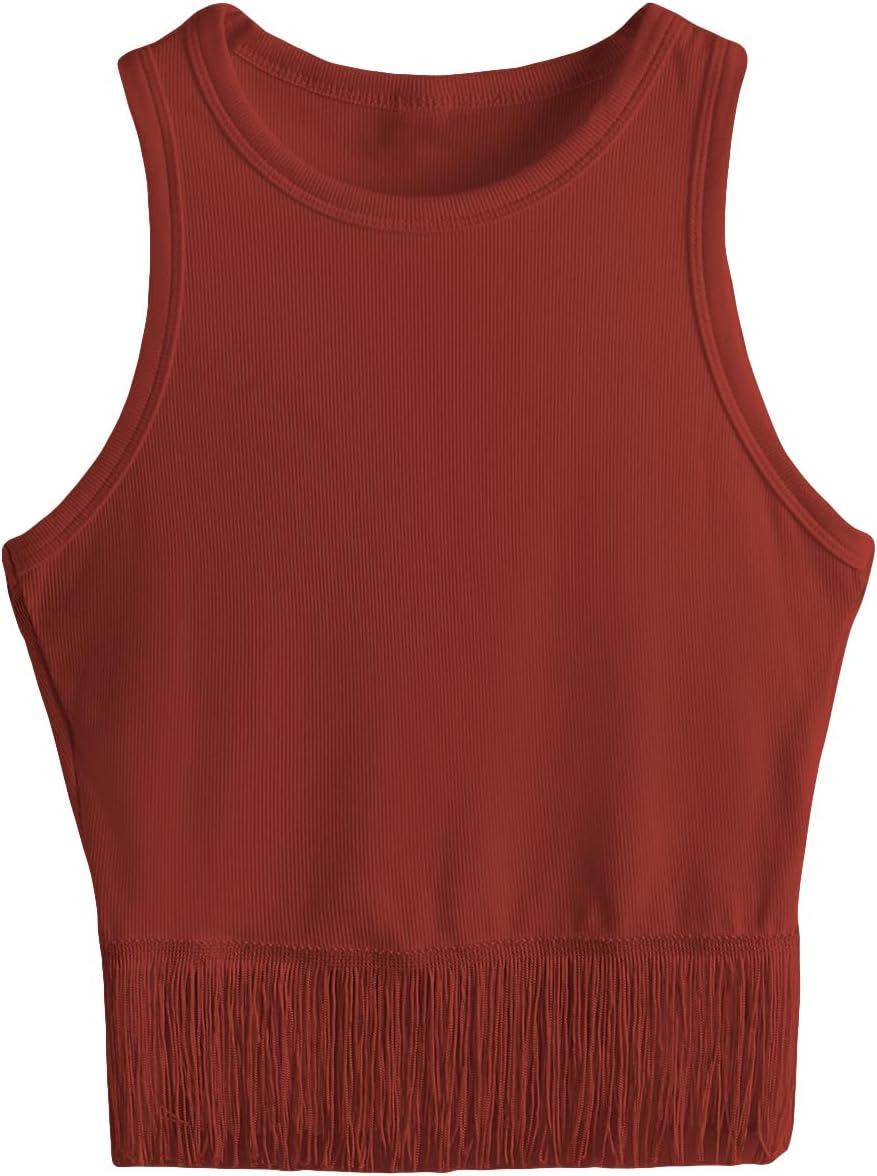 imageSweatyRocks Womens Casual Sleeveless Stretchy Ribbed Knit Shirt Racerback Crop Fringe Tank topRed