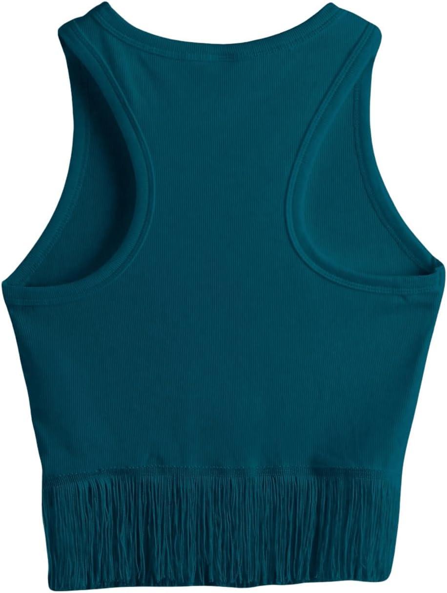 imageSweatyRocks Womens Casual Sleeveless Stretchy Ribbed Knit Shirt Racerback Crop Fringe Tank topTeal Blue