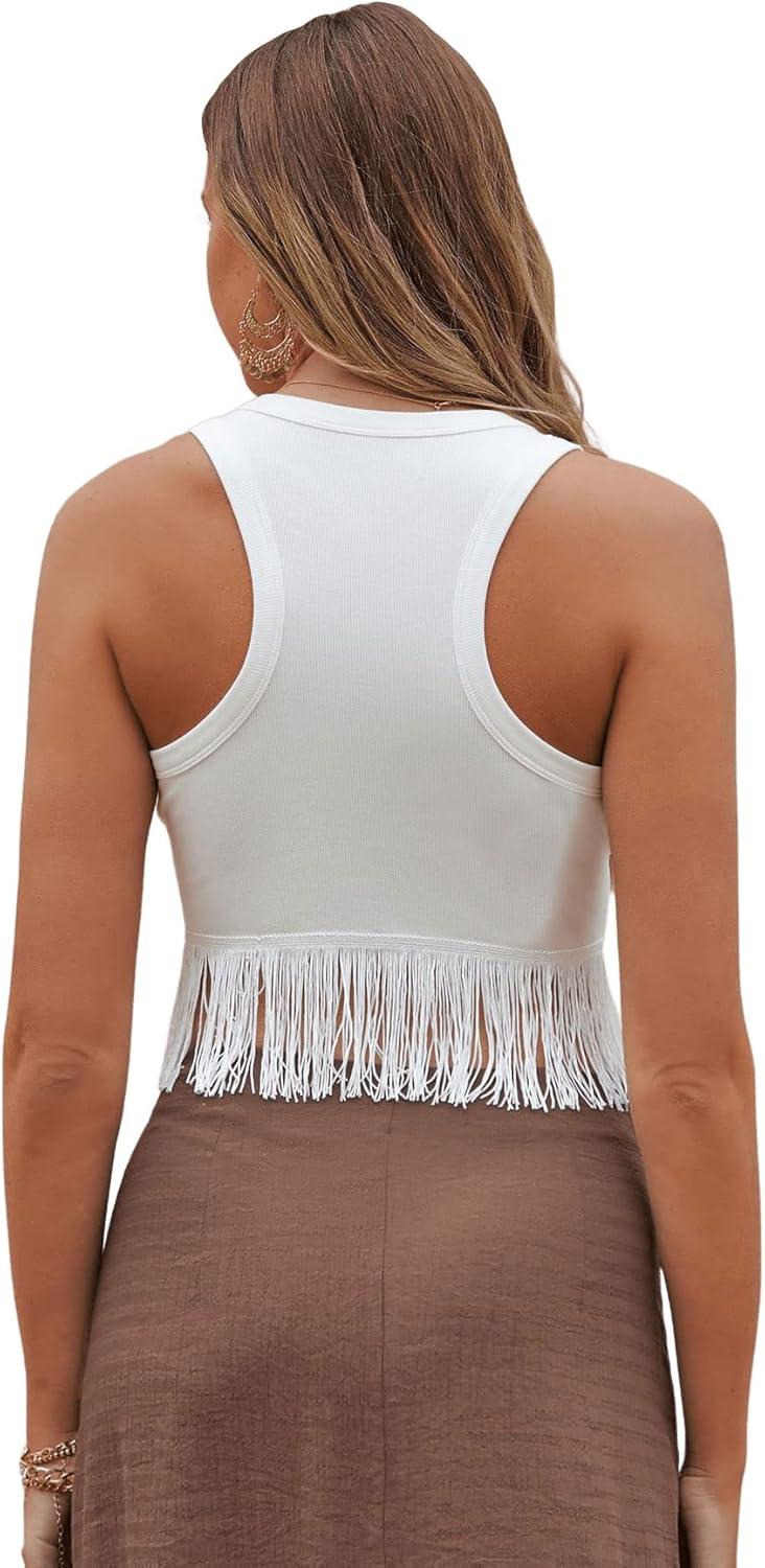imageSweatyRocks Womens Casual Sleeveless Stretchy Ribbed Knit Shirt Racerback Crop Fringe Tank topWhite