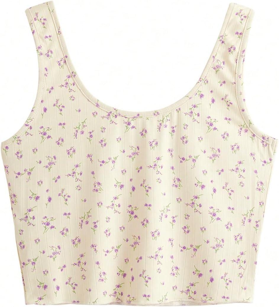 imageSweatyRocks Womens Casual Summer Floral Print Sleeveless Stretch Crop Tank TopApricot and Purple