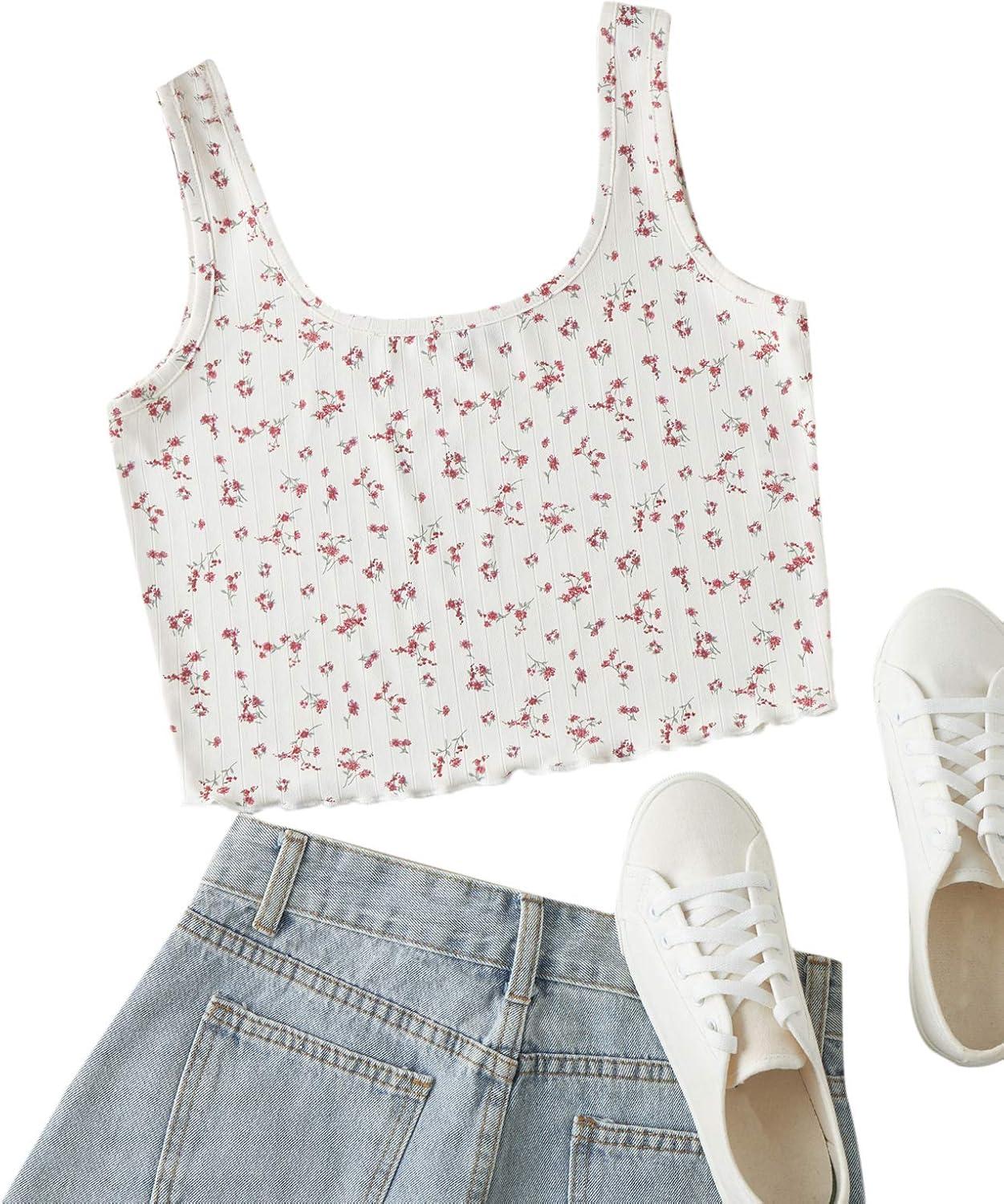 imageSweatyRocks Womens Casual Summer Floral Print Sleeveless Stretch Crop Tank TopRed White