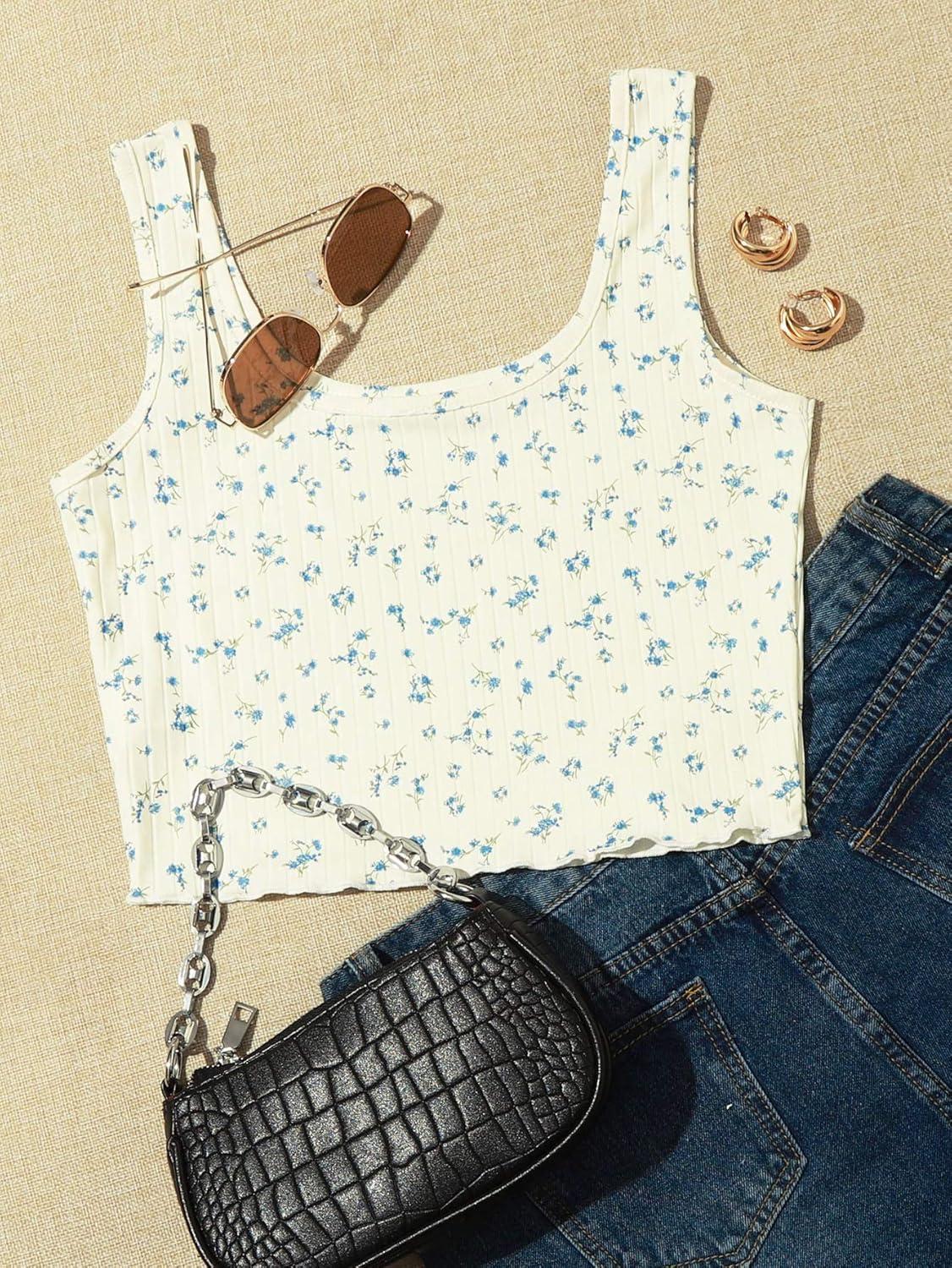 imageSweatyRocks Womens Casual Summer Floral Print Sleeveless Stretch Crop Tank TopWhite Blue