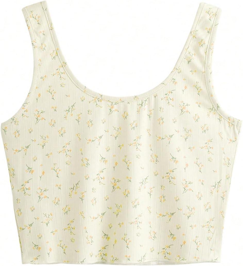 imageSweatyRocks Womens Casual Summer Floral Print Sleeveless Stretch Crop Tank TopYellow Apricot