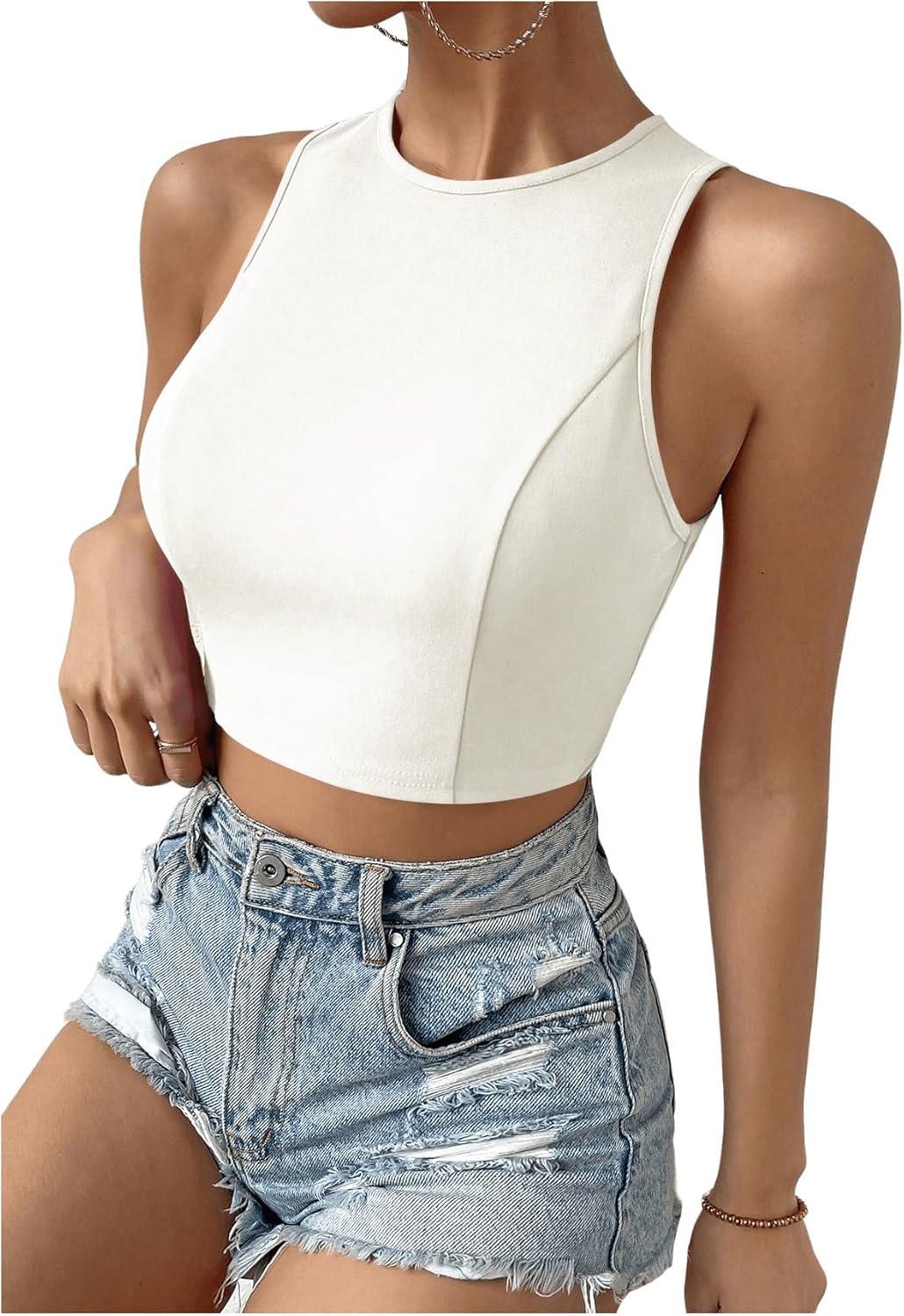 imageSweatyRocks Womens Crewneck Crop Tank Top Tie Back Casual Backless TopWhite