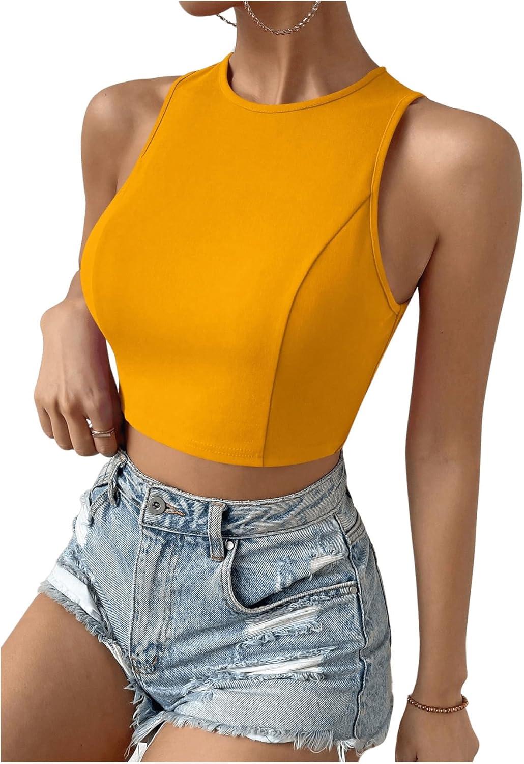 imageSweatyRocks Womens Crewneck Crop Tank Top Tie Back Casual Backless TopYellow