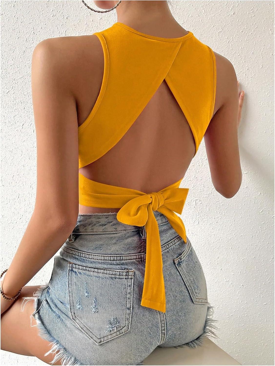 imageSweatyRocks Womens Crewneck Crop Tank Top Tie Back Casual Backless TopYellow