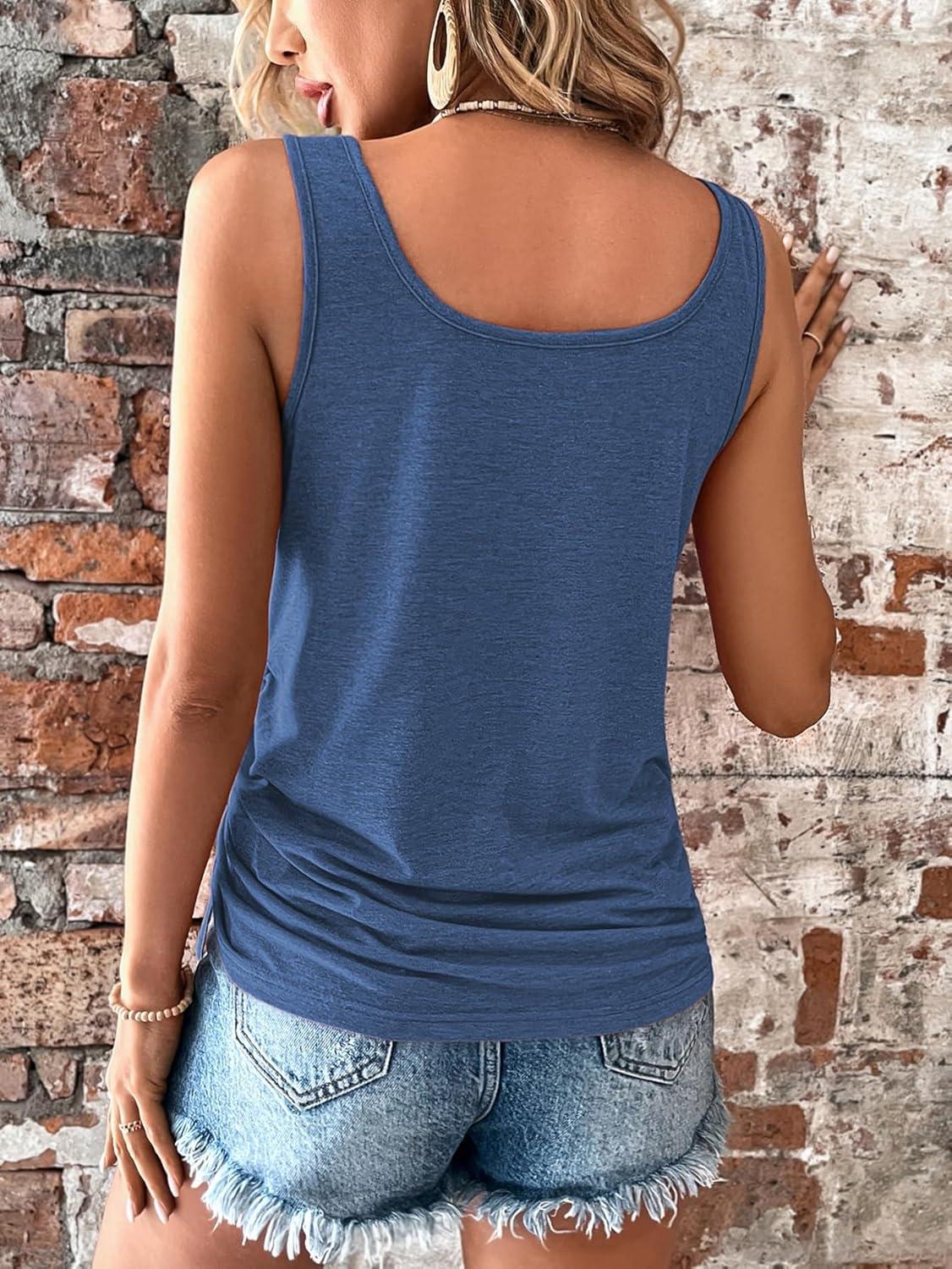 imageSweatyRocks Womens Scoop Neck Half Button Tank Top Casual Sleeveless Drawstring Tie Side TopsBlue