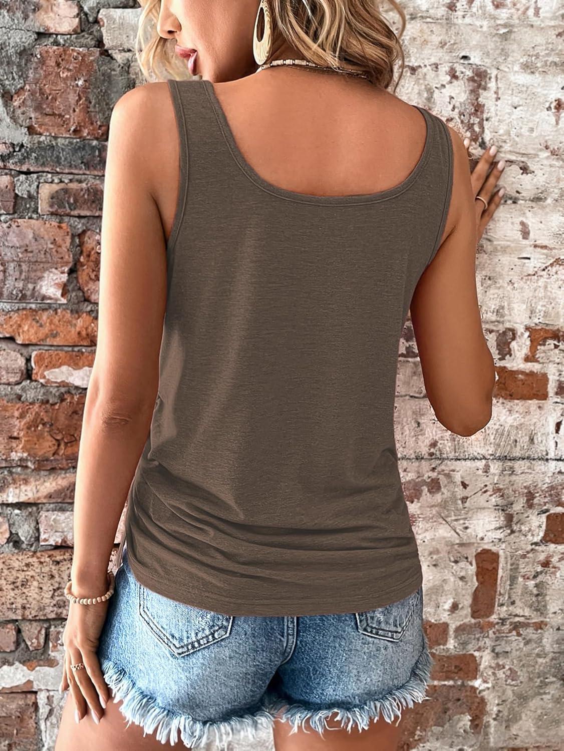 imageSweatyRocks Womens Scoop Neck Half Button Tank Top Casual Sleeveless Drawstring Tie Side TopsCoffee Brown