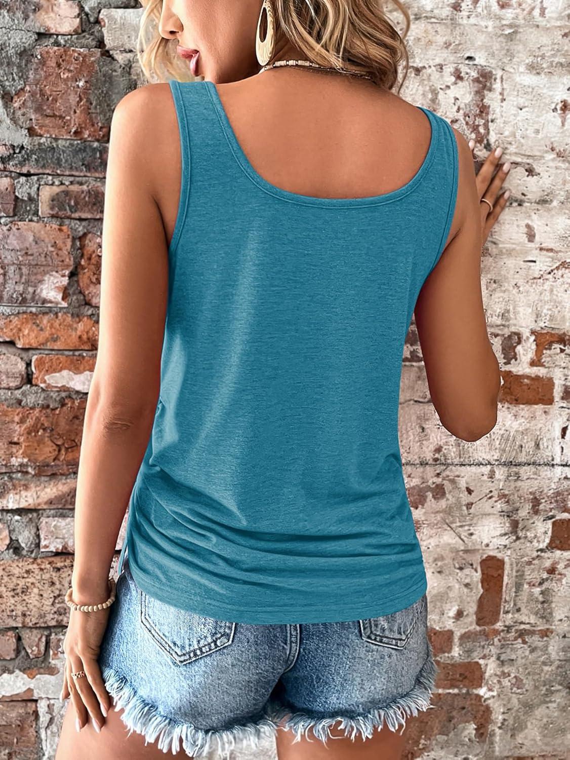 imageSweatyRocks Womens Scoop Neck Half Button Tank Top Casual Sleeveless Drawstring Tie Side TopsLight Blue