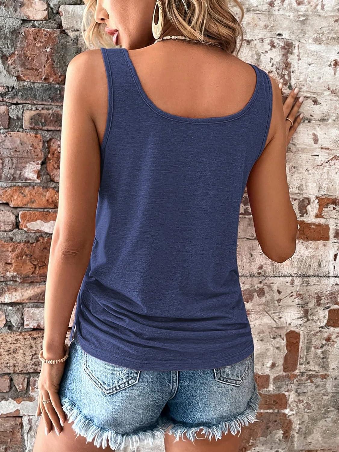 imageSweatyRocks Womens Scoop Neck Half Button Tank Top Casual Sleeveless Drawstring Tie Side TopsNavy Blue