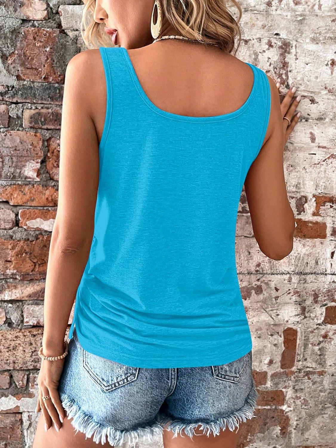 imageSweatyRocks Womens Scoop Neck Half Button Tank Top Casual Sleeveless Drawstring Tie Side TopsPlain Blue