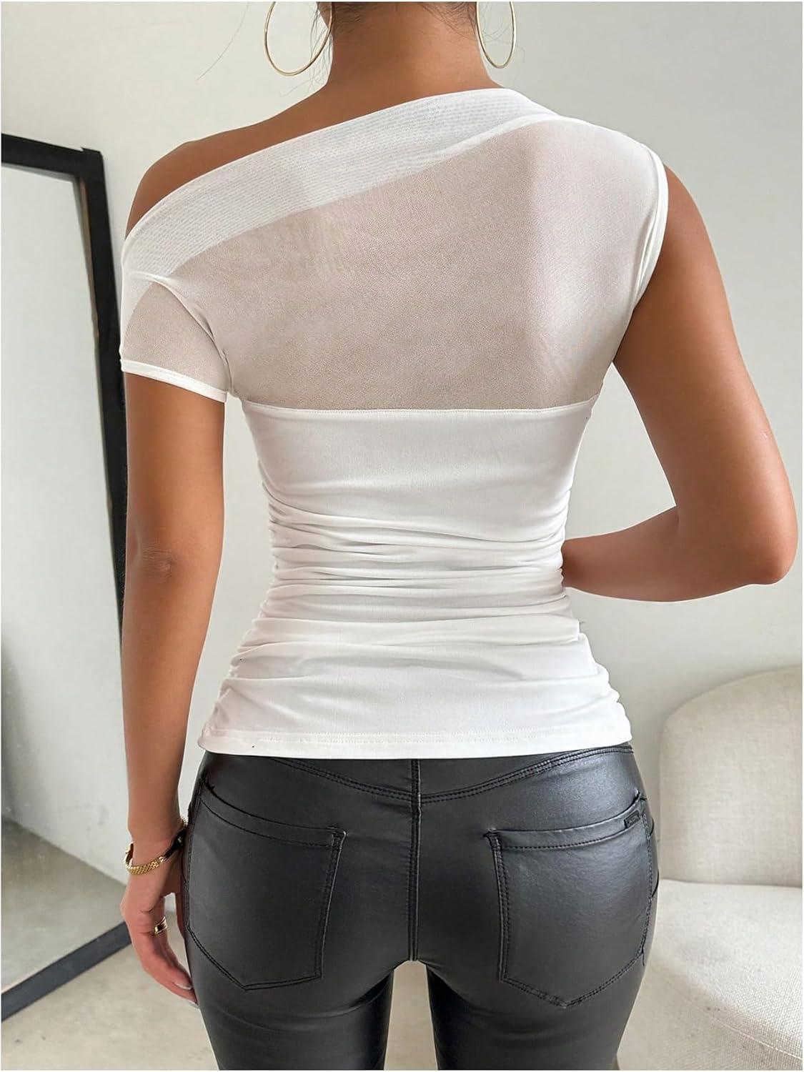 imageSweatyRocks Womens Sheer Mesh Asymmetrical Neck T Shirt Ruched Short Sleeve Tee TopsWhite