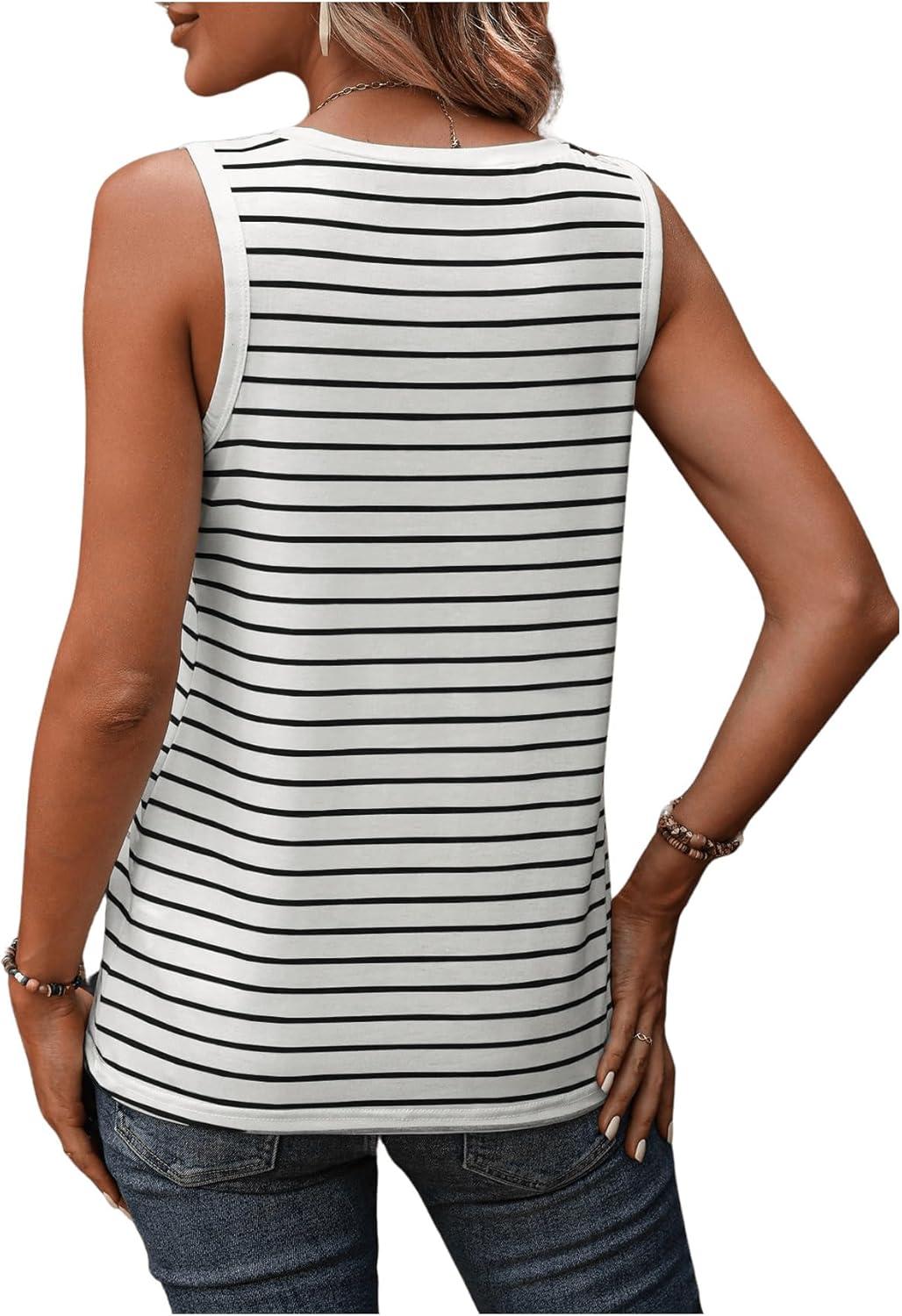 imageSweatyRocks Womens Striped Print Tank Top V Neck Sleeveless Casual Basic Loose Tee ShirtsBlack and White