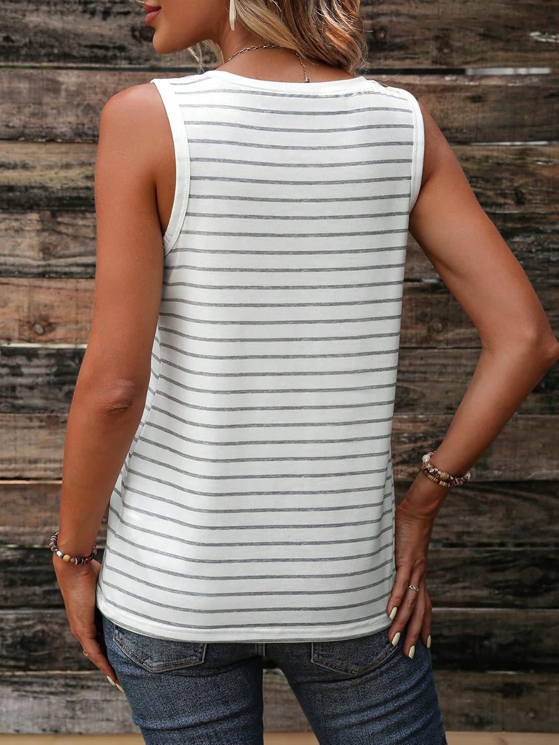 imageSweatyRocks Womens Striped Print Tank Top V Neck Sleeveless Casual Basic Loose Tee ShirtsWhite
