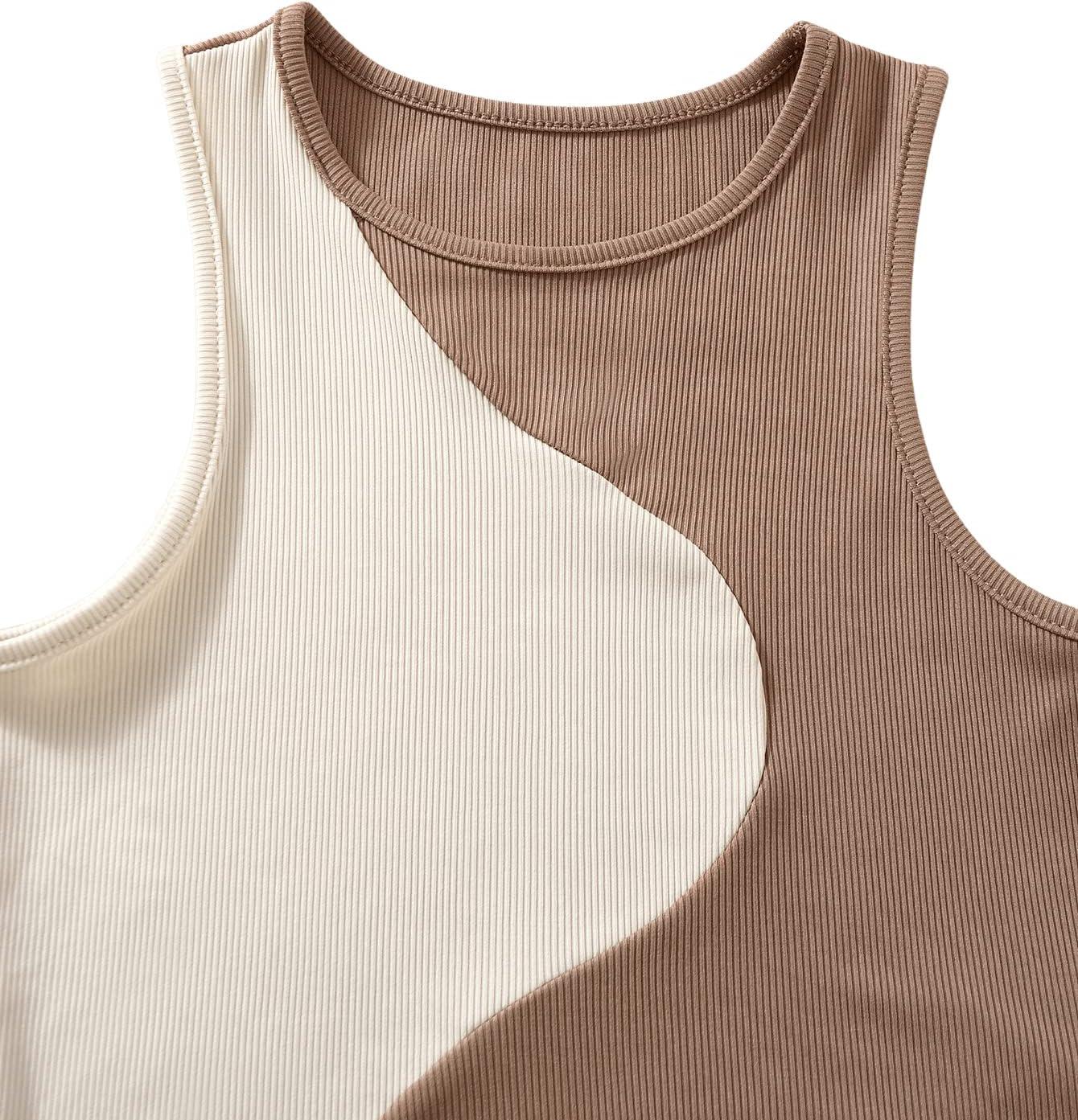 imageSweatyRocks Womens Summer Ribbed Knit Sleeveless Vest Color Block Crop Tank TopBeige Brown