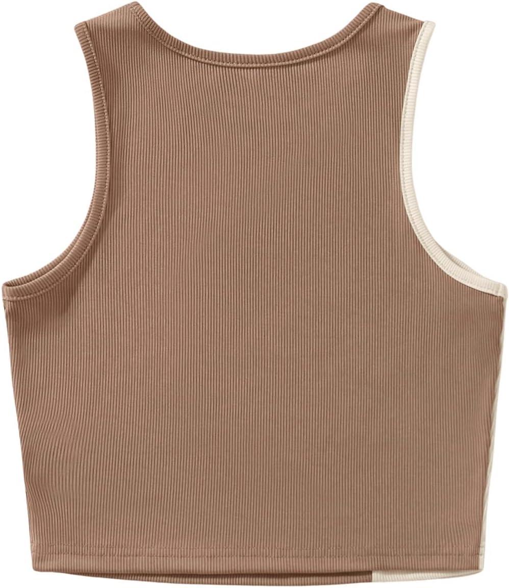 imageSweatyRocks Womens Summer Ribbed Knit Sleeveless Vest Color Block Crop Tank TopBeige Brown