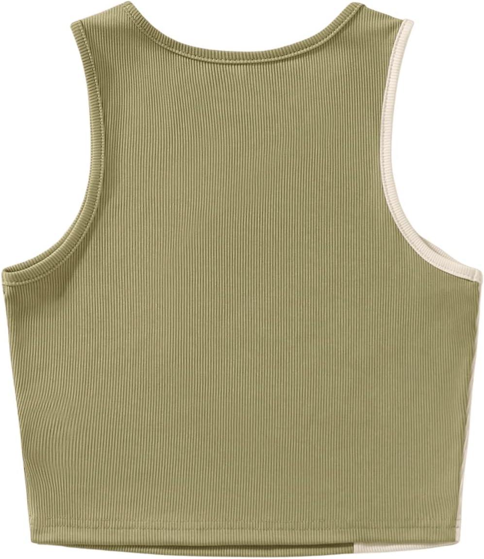 imageSweatyRocks Womens Summer Ribbed Knit Sleeveless Vest Color Block Crop Tank TopBeige Green