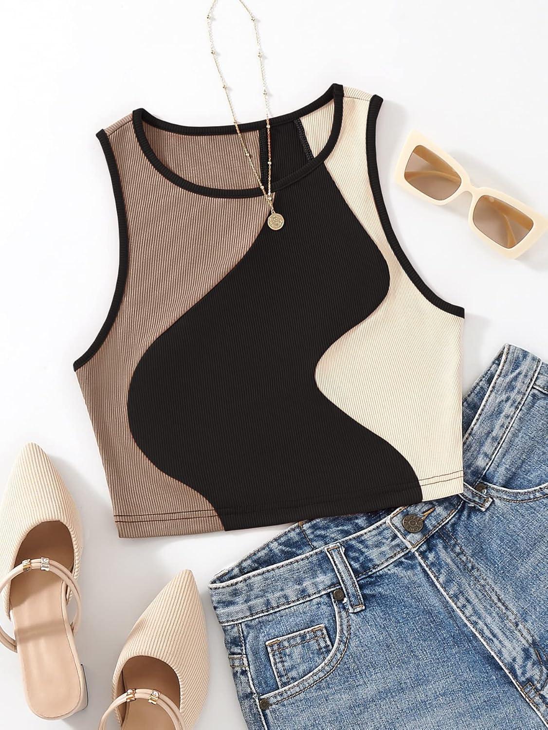 imageSweatyRocks Womens Summer Ribbed Knit Sleeveless Vest Color Block Crop Tank TopBlack Brown