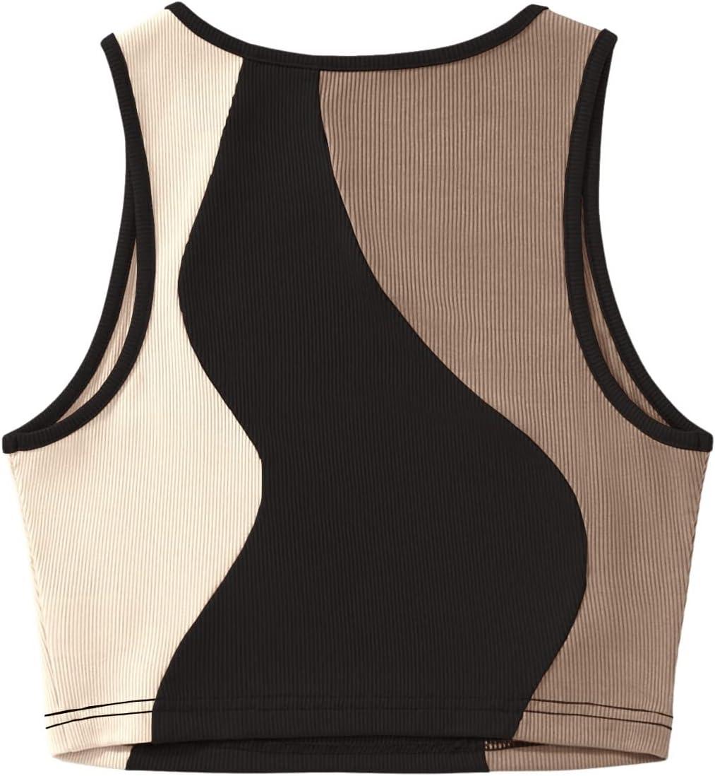 imageSweatyRocks Womens Summer Ribbed Knit Sleeveless Vest Color Block Crop Tank TopBlack Brown
