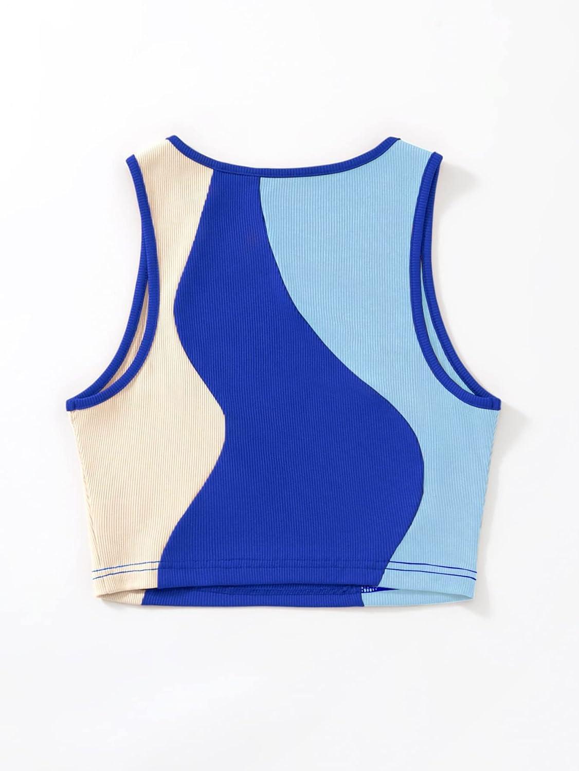 imageSweatyRocks Womens Summer Ribbed Knit Sleeveless Vest Color Block Crop Tank TopBlue and Apricot