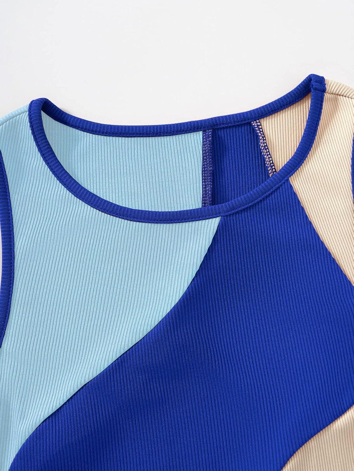 imageSweatyRocks Womens Summer Ribbed Knit Sleeveless Vest Color Block Crop Tank TopBlue and Apricot