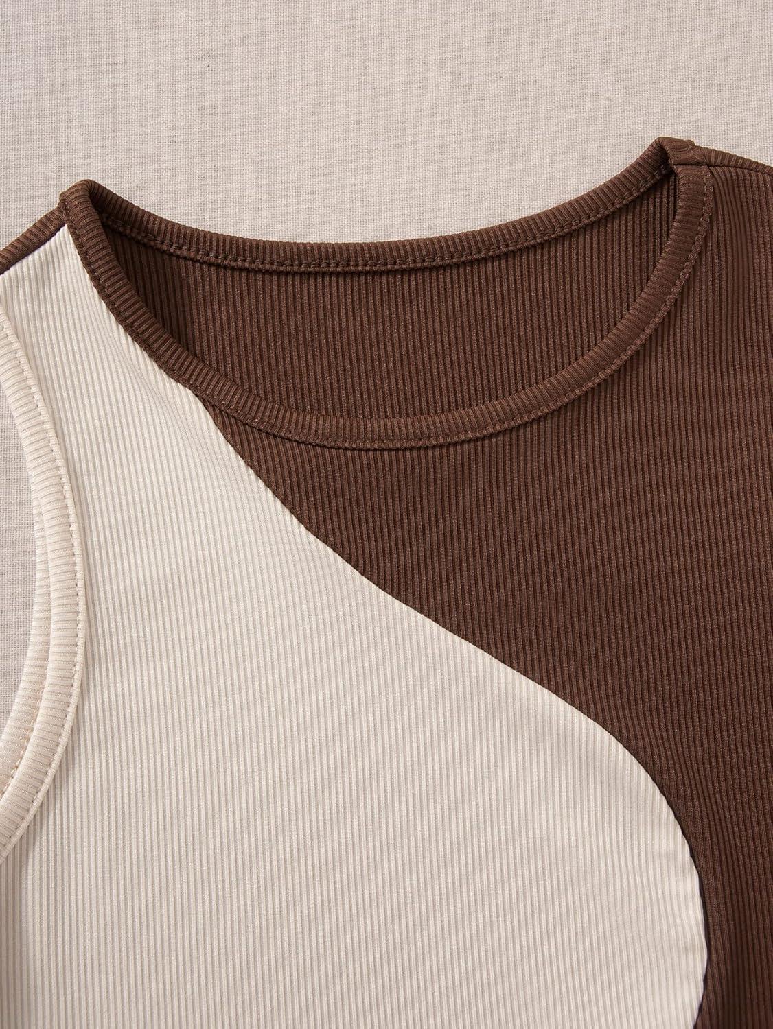 imageSweatyRocks Womens Summer Ribbed Knit Sleeveless Vest Color Block Crop Tank TopBrown Apricot