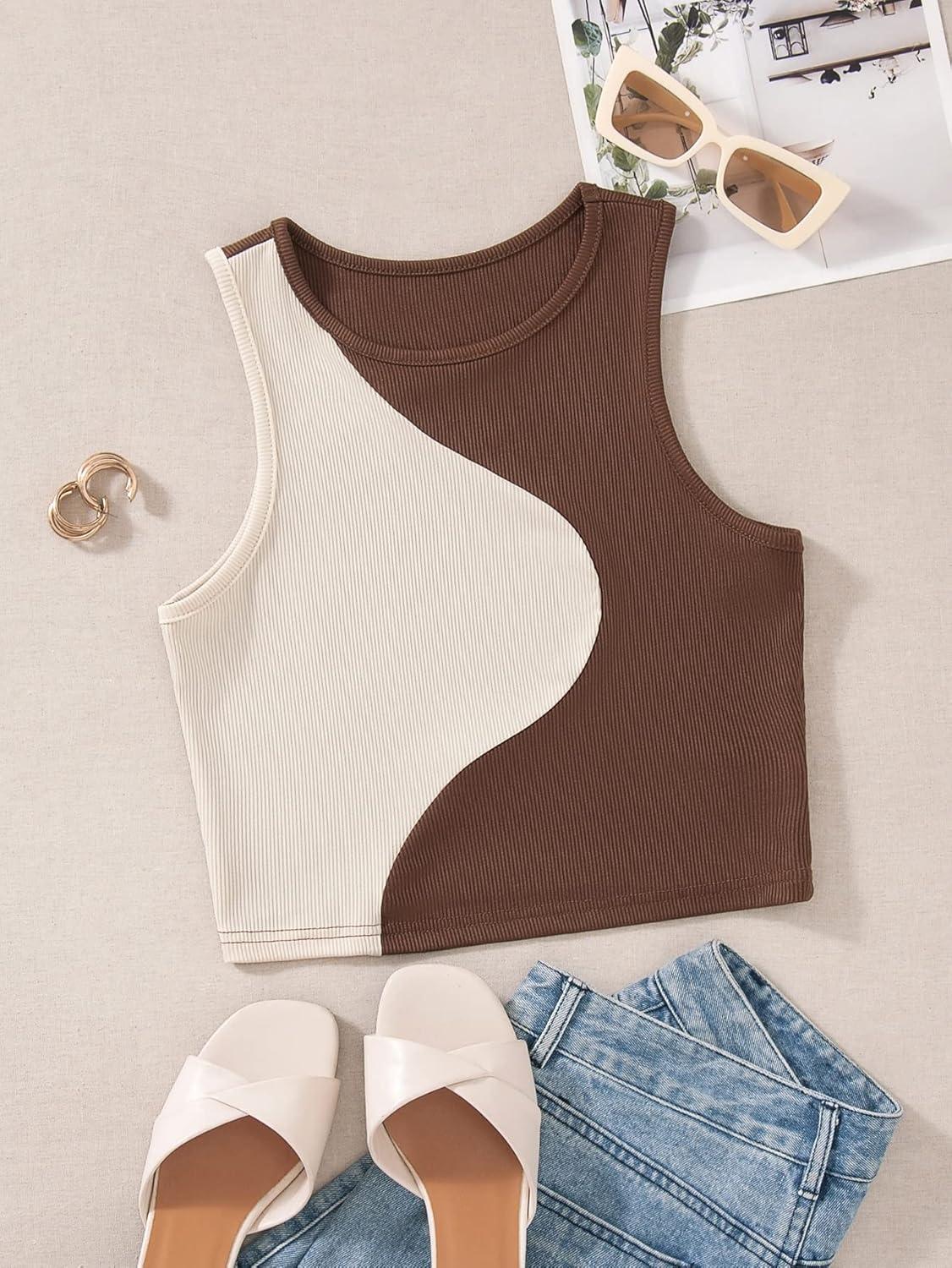 imageSweatyRocks Womens Summer Ribbed Knit Sleeveless Vest Color Block Crop Tank TopBrown Apricot