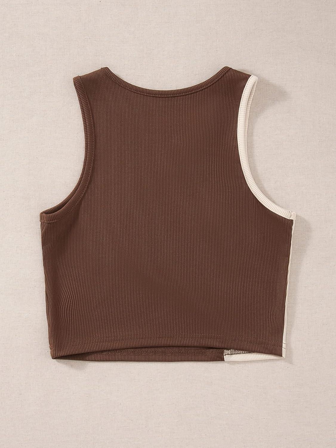 imageSweatyRocks Womens Summer Ribbed Knit Sleeveless Vest Color Block Crop Tank TopBrown Apricot