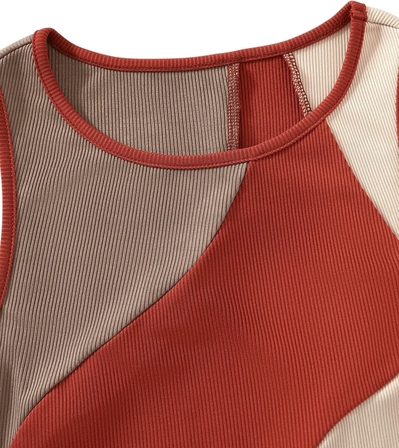 imageSweatyRocks Womens Summer Ribbed Knit Sleeveless Vest Color Block Crop Tank TopBrown Red