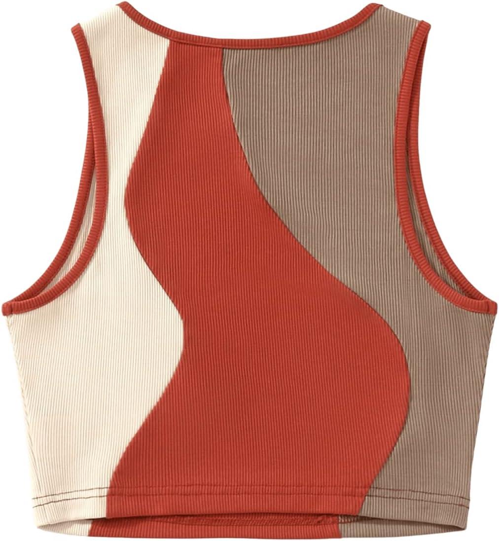 imageSweatyRocks Womens Summer Ribbed Knit Sleeveless Vest Color Block Crop Tank TopBrown Red