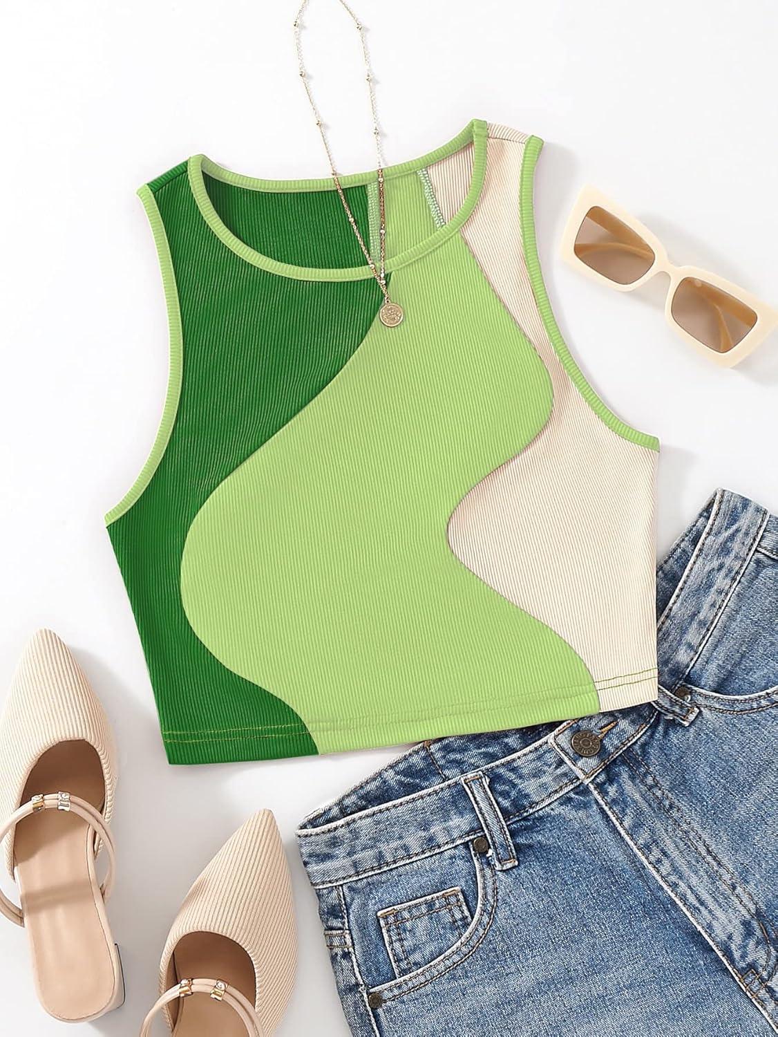 imageSweatyRocks Womens Summer Ribbed Knit Sleeveless Vest Color Block Crop Tank TopDark Green