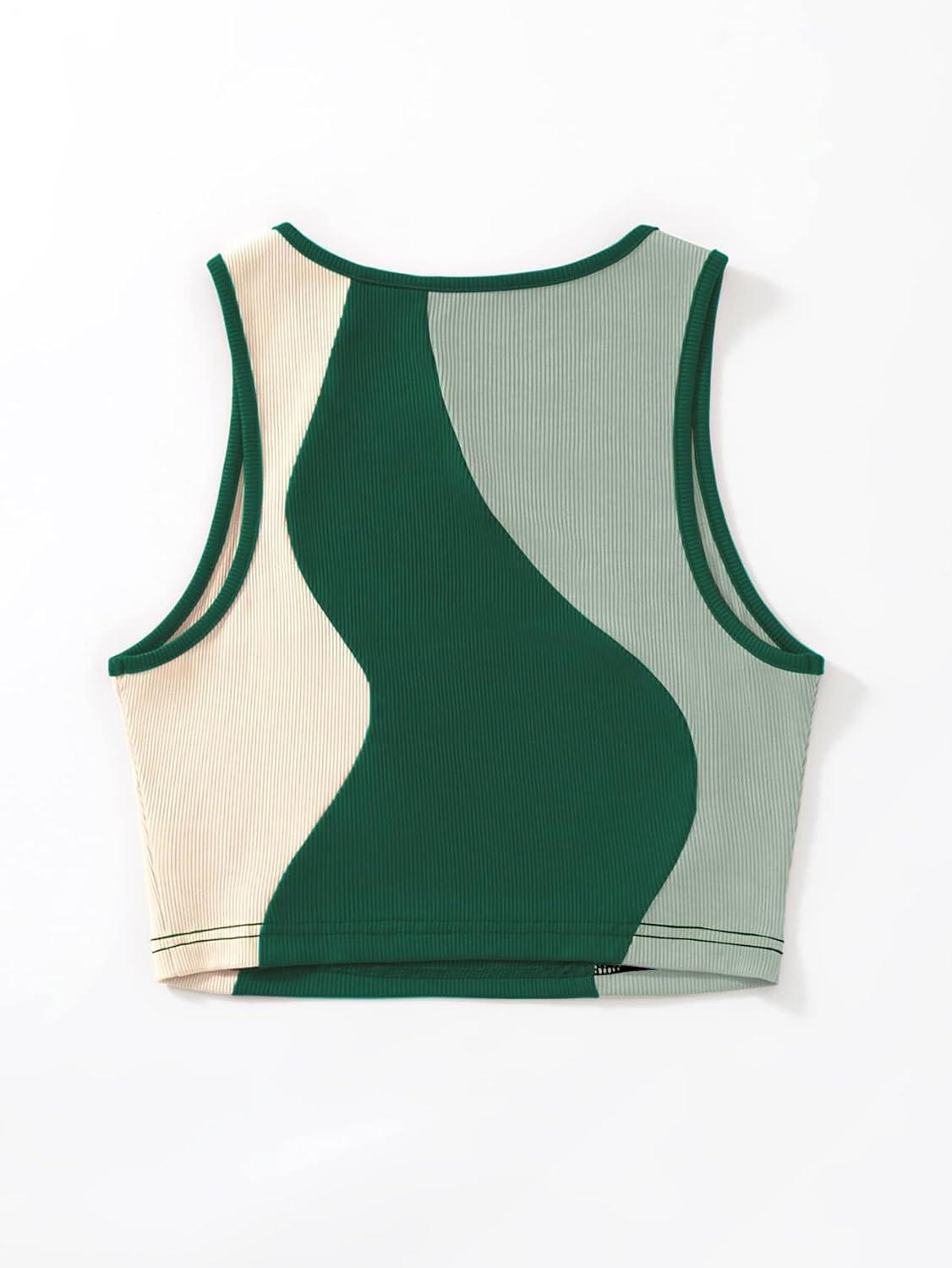 imageSweatyRocks Womens Summer Ribbed Knit Sleeveless Vest Color Block Crop Tank TopGreen and Apricot