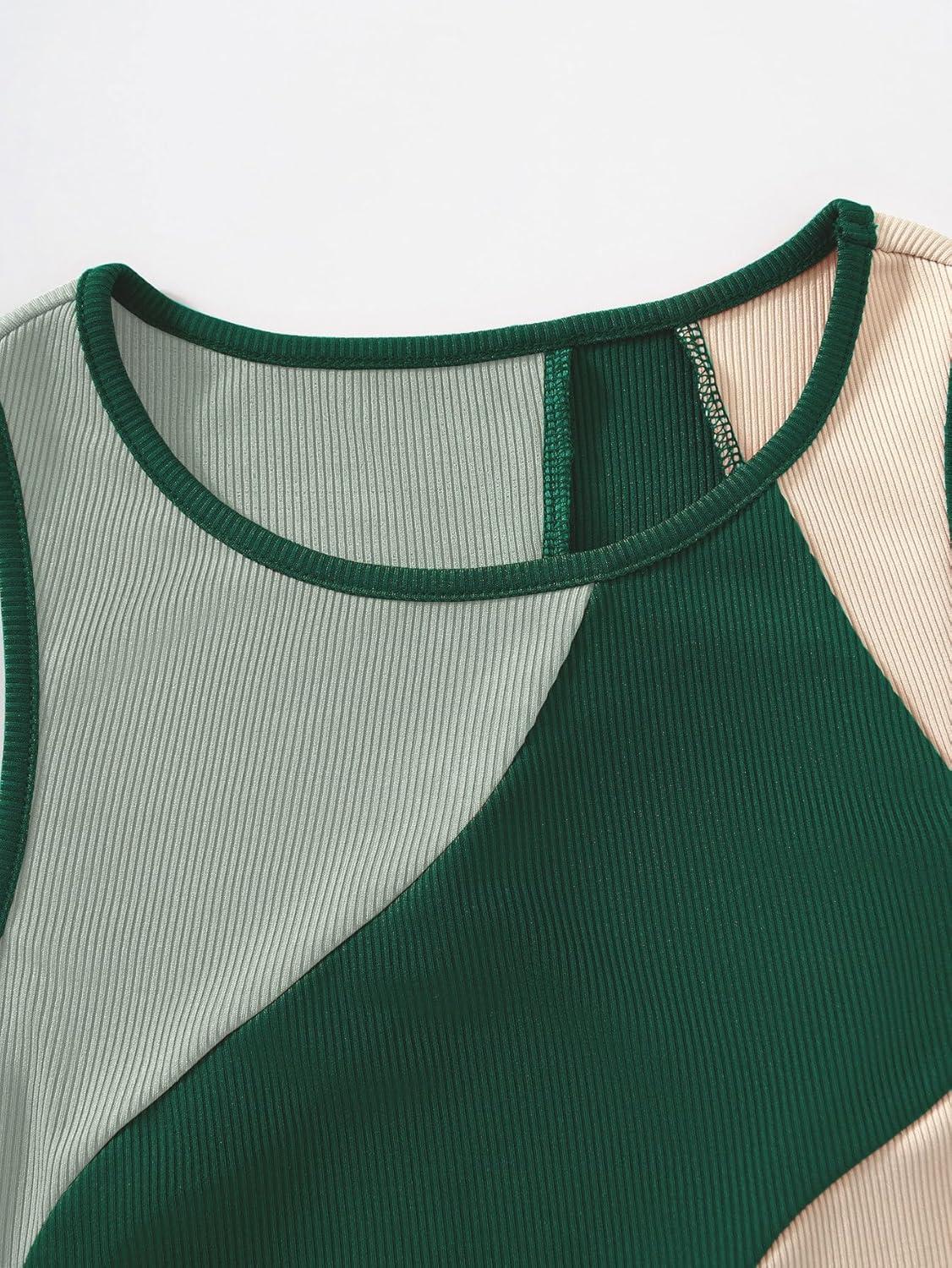 imageSweatyRocks Womens Summer Ribbed Knit Sleeveless Vest Color Block Crop Tank TopGreen and Apricot