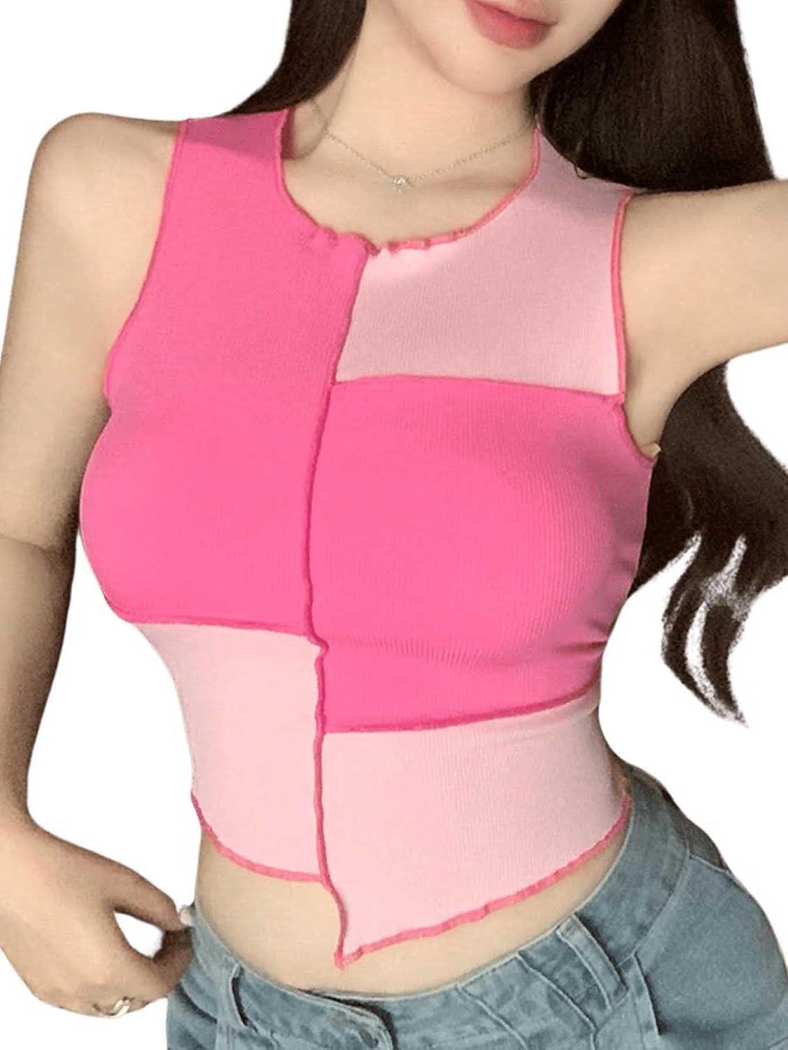 imageSweatyRocks Womens Summer Ribbed Knit Sleeveless Vest Color Block Crop Tank TopHot Pink Light Pink