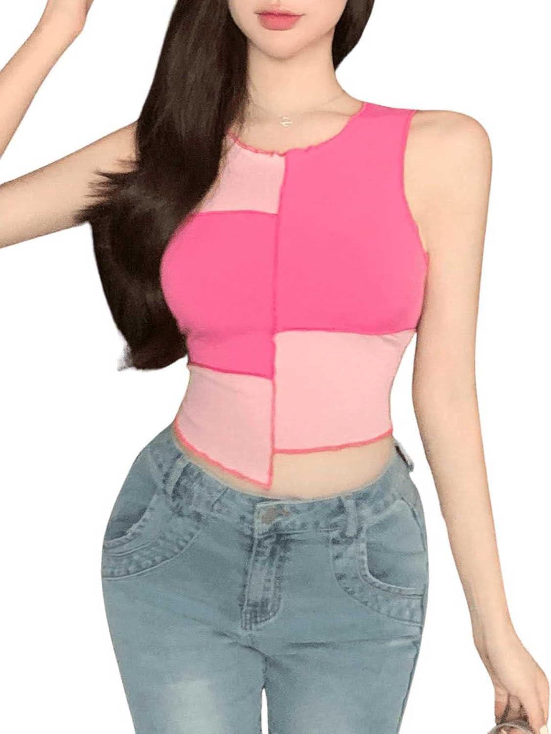 imageSweatyRocks Womens Summer Ribbed Knit Sleeveless Vest Color Block Crop Tank TopHot Pink Light Pink
