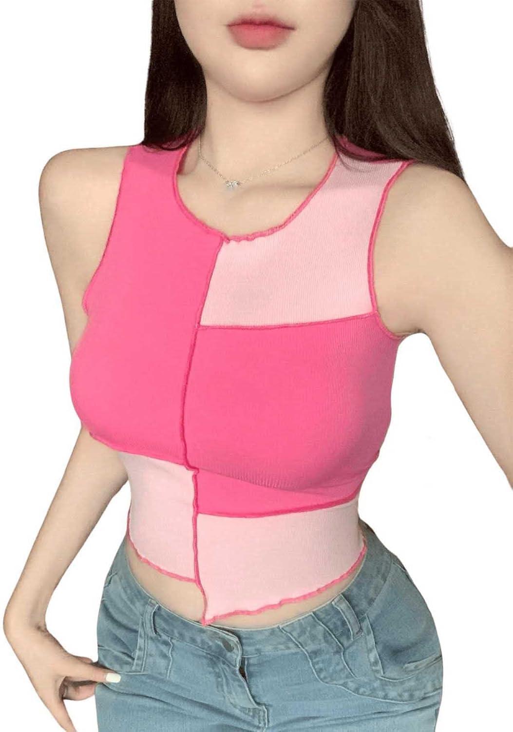 imageSweatyRocks Womens Summer Ribbed Knit Sleeveless Vest Color Block Crop Tank TopHot Pink Light Pink
