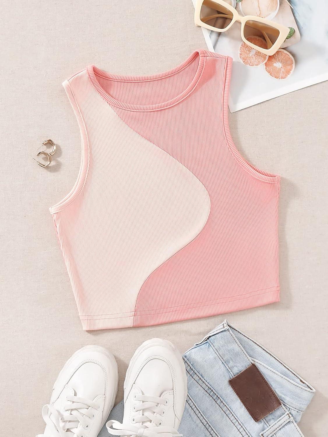 imageSweatyRocks Womens Summer Ribbed Knit Sleeveless Vest Color Block Crop Tank TopLight Pink