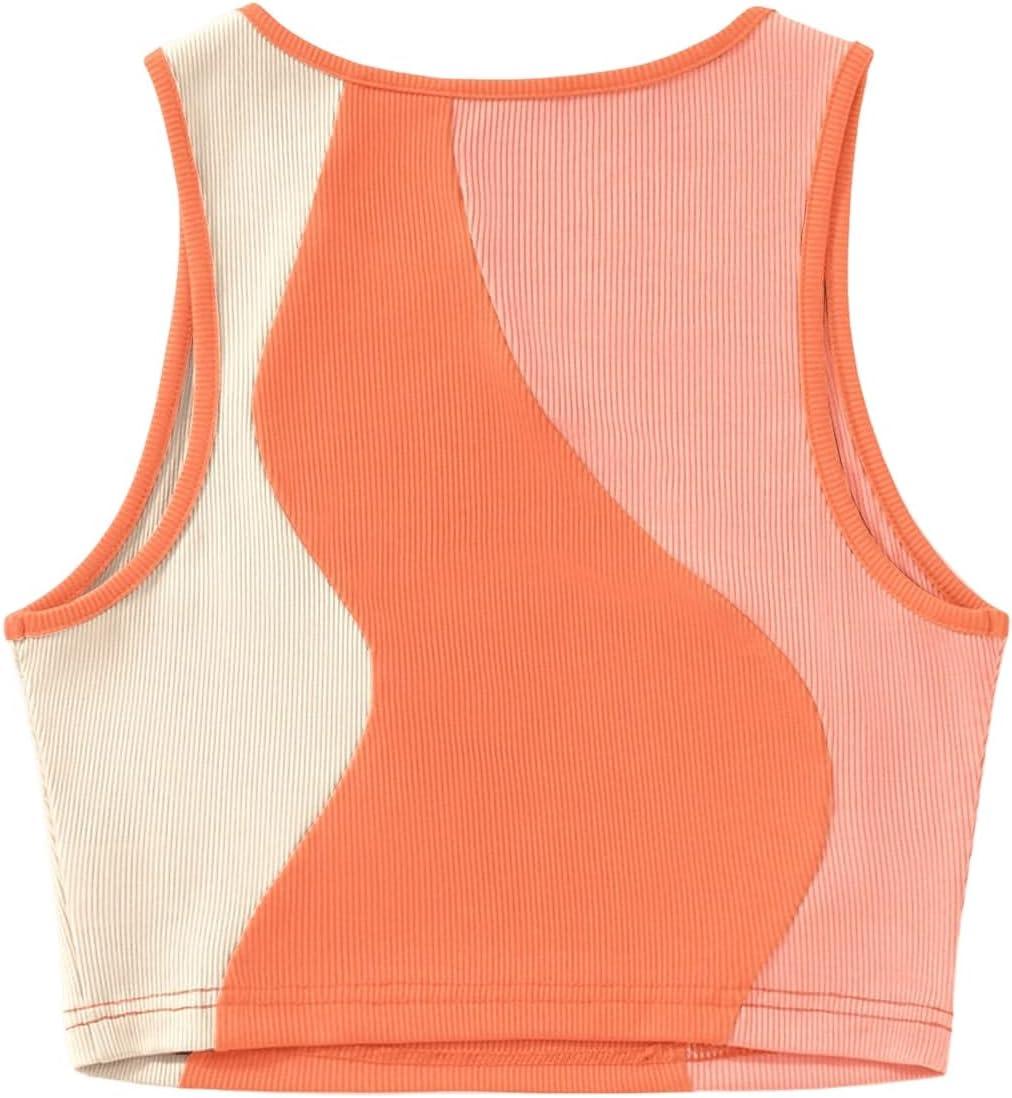 imageSweatyRocks Womens Summer Ribbed Knit Sleeveless Vest Color Block Crop Tank TopOrange