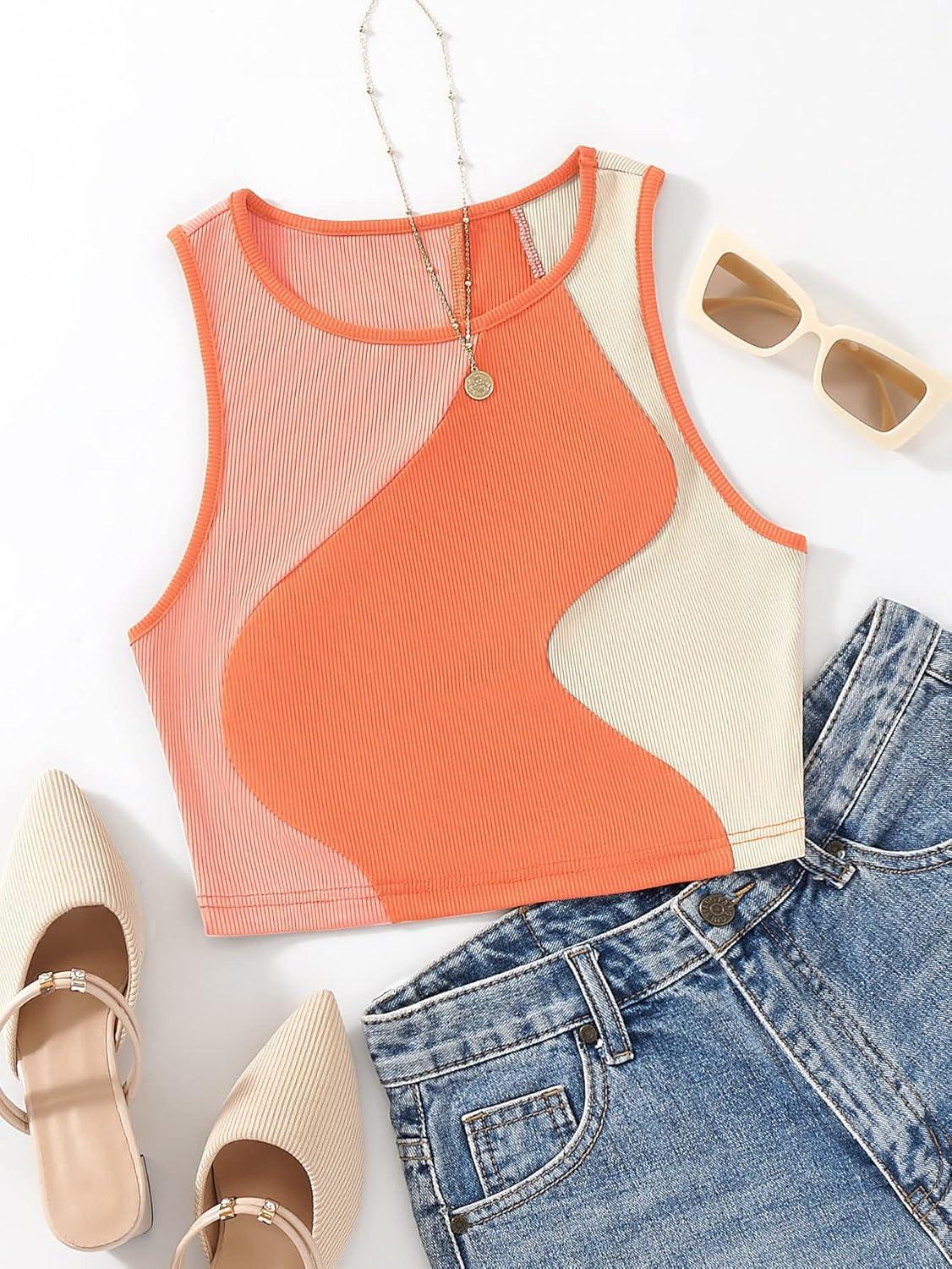 imageSweatyRocks Womens Summer Ribbed Knit Sleeveless Vest Color Block Crop Tank TopOrange