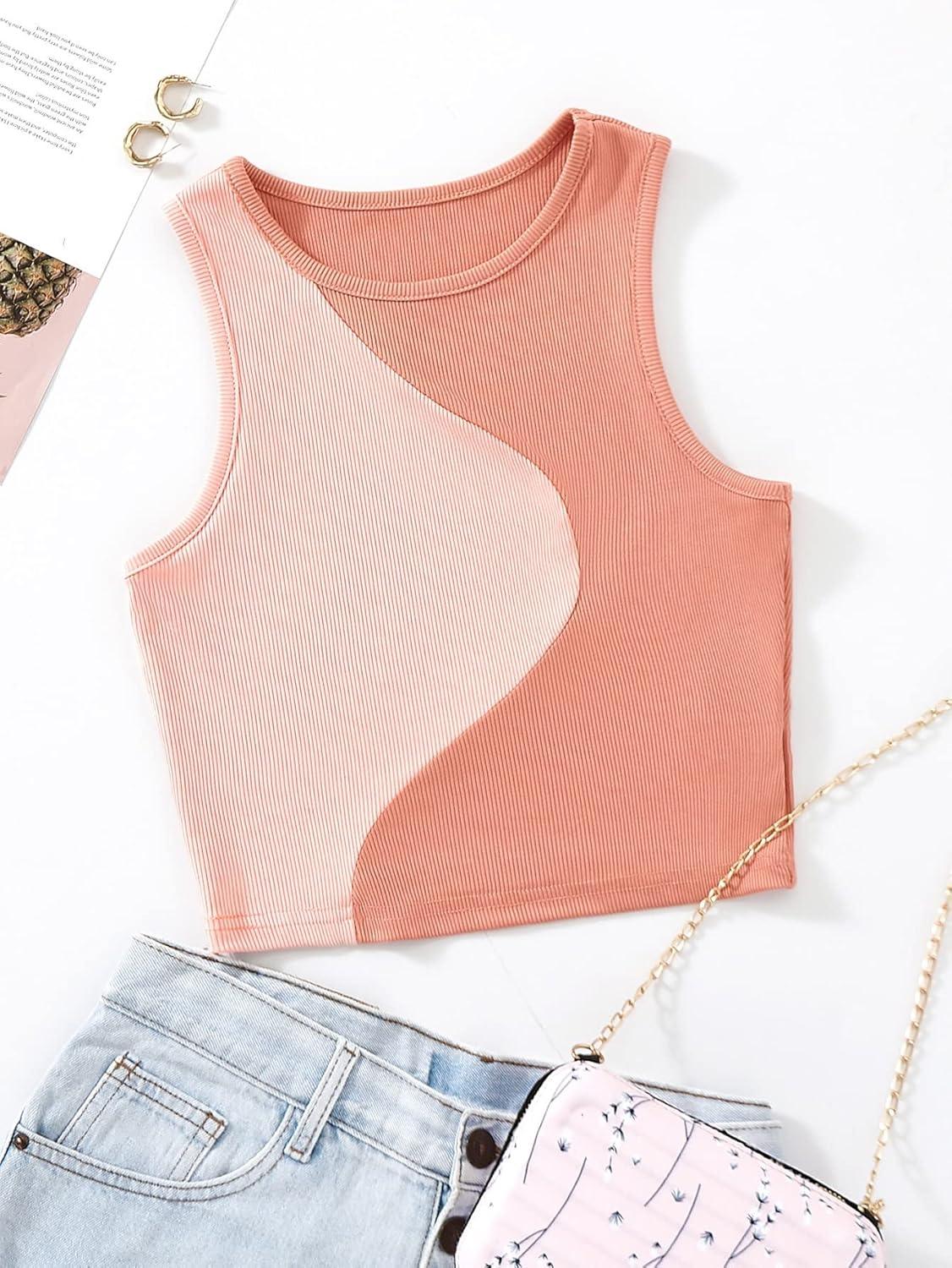 imageSweatyRocks Womens Summer Ribbed Knit Sleeveless Vest Color Block Crop Tank TopPale Pink