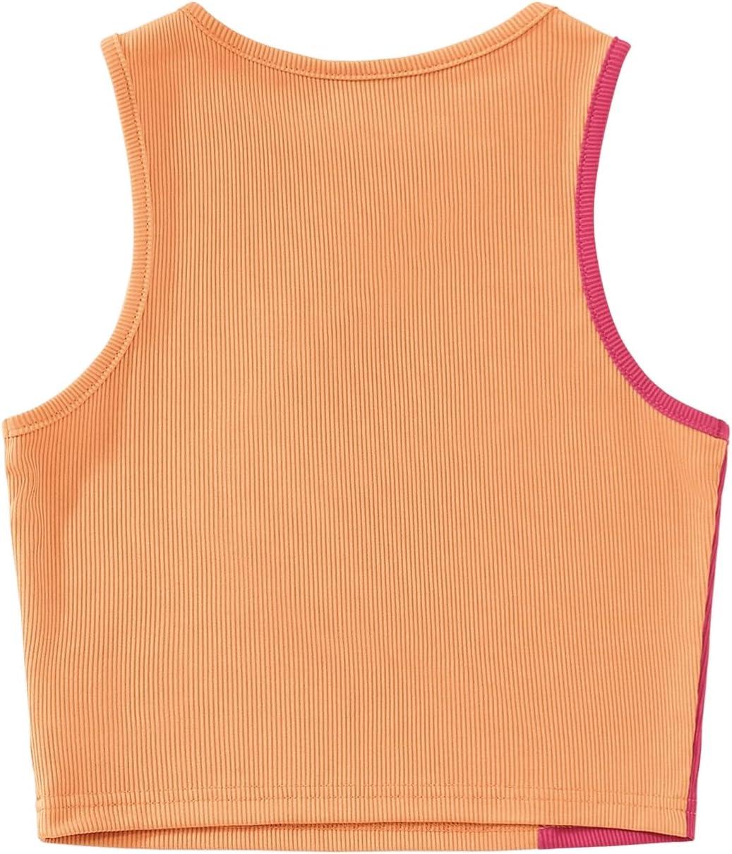 imageSweatyRocks Womens Summer Ribbed Knit Sleeveless Vest Color Block Crop Tank TopPink Orange