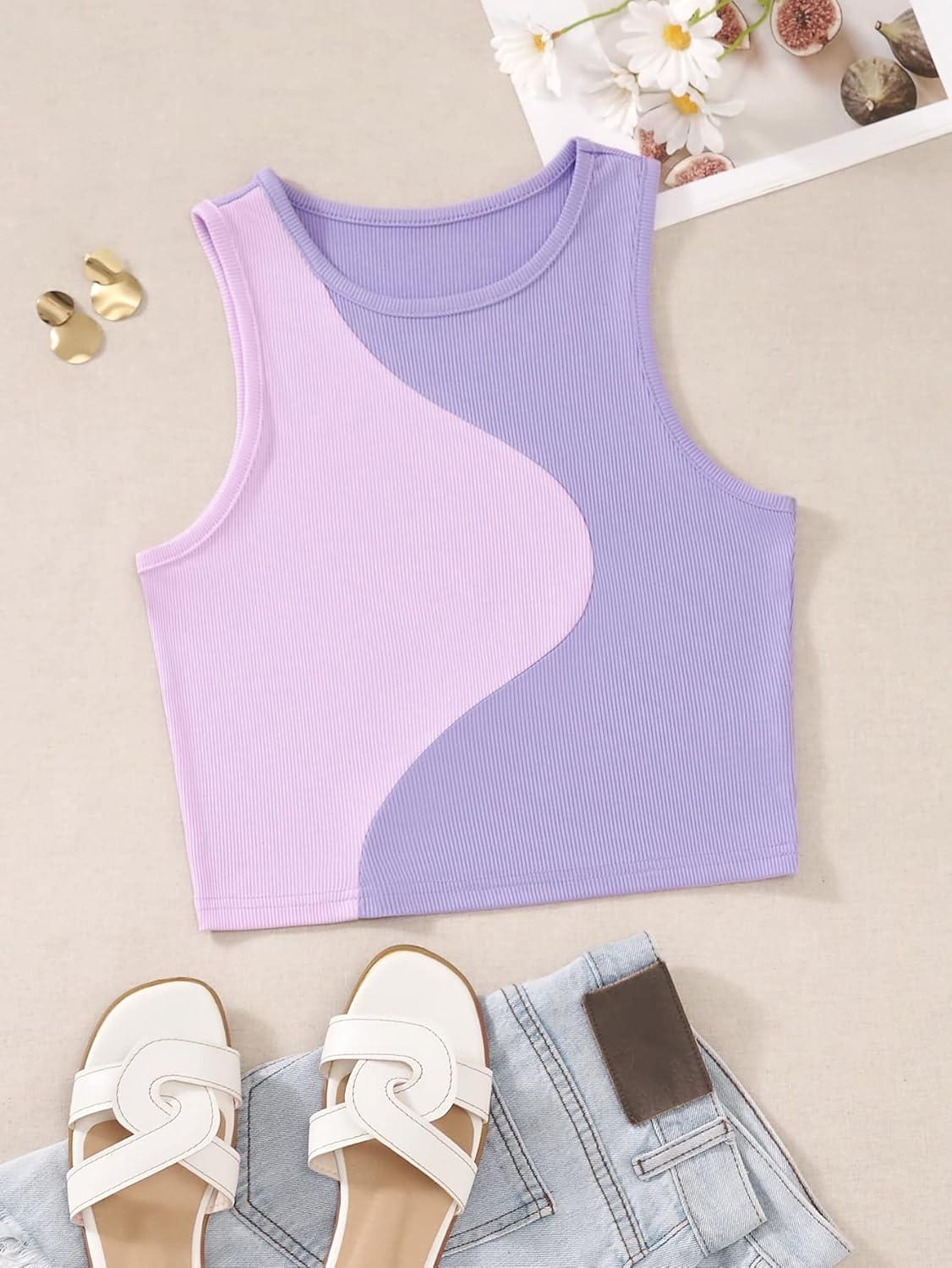 imageSweatyRocks Womens Summer Ribbed Knit Sleeveless Vest Color Block Crop Tank TopPink Purple