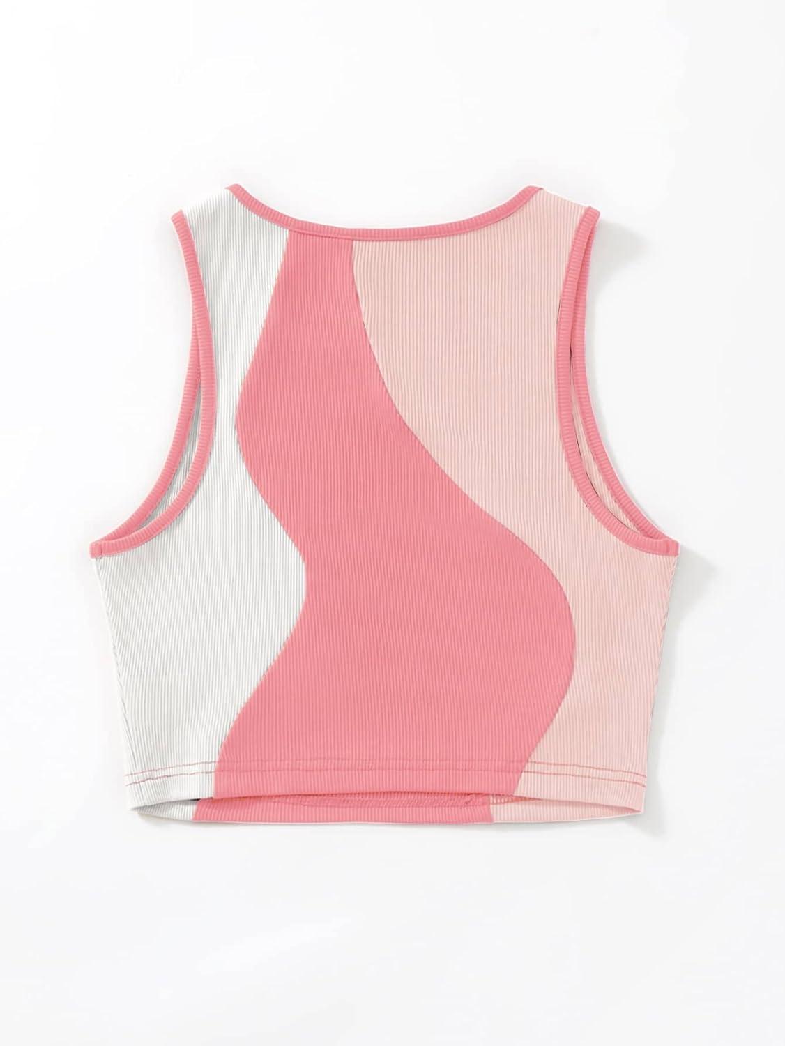 imageSweatyRocks Womens Summer Ribbed Knit Sleeveless Vest Color Block Crop Tank TopPink and White