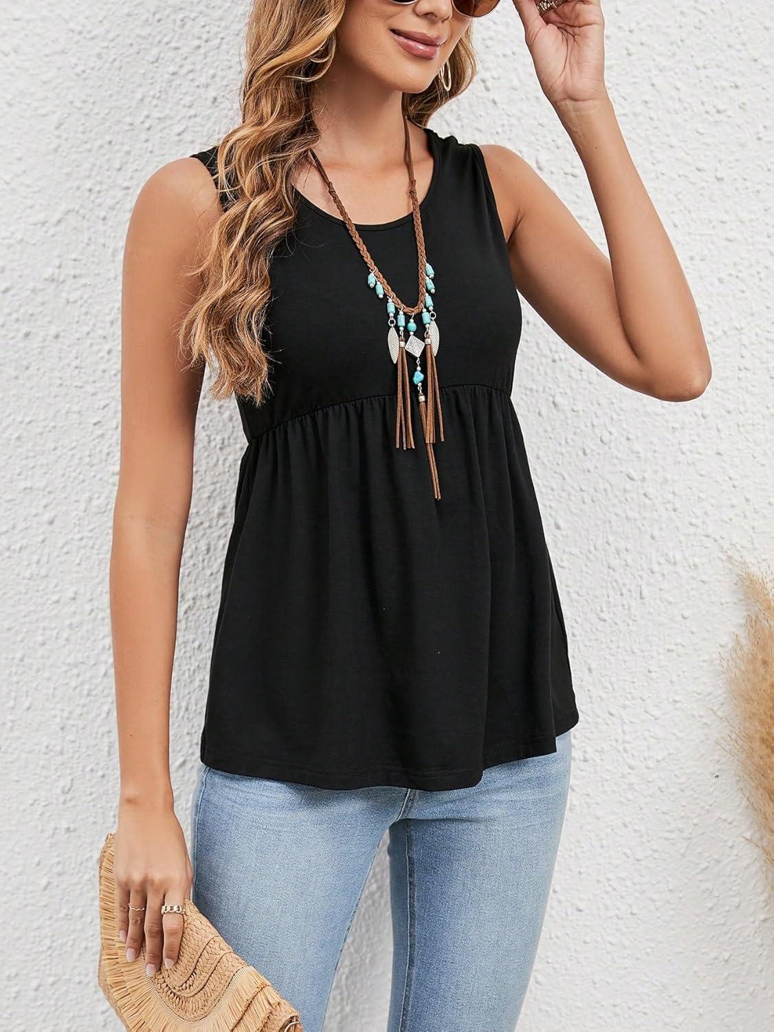 imageSweatyRocks Womens Summer Scoop Neck Ruffle Hem Babydoll Tank Sleeveless Peplum Tunic TopBlack