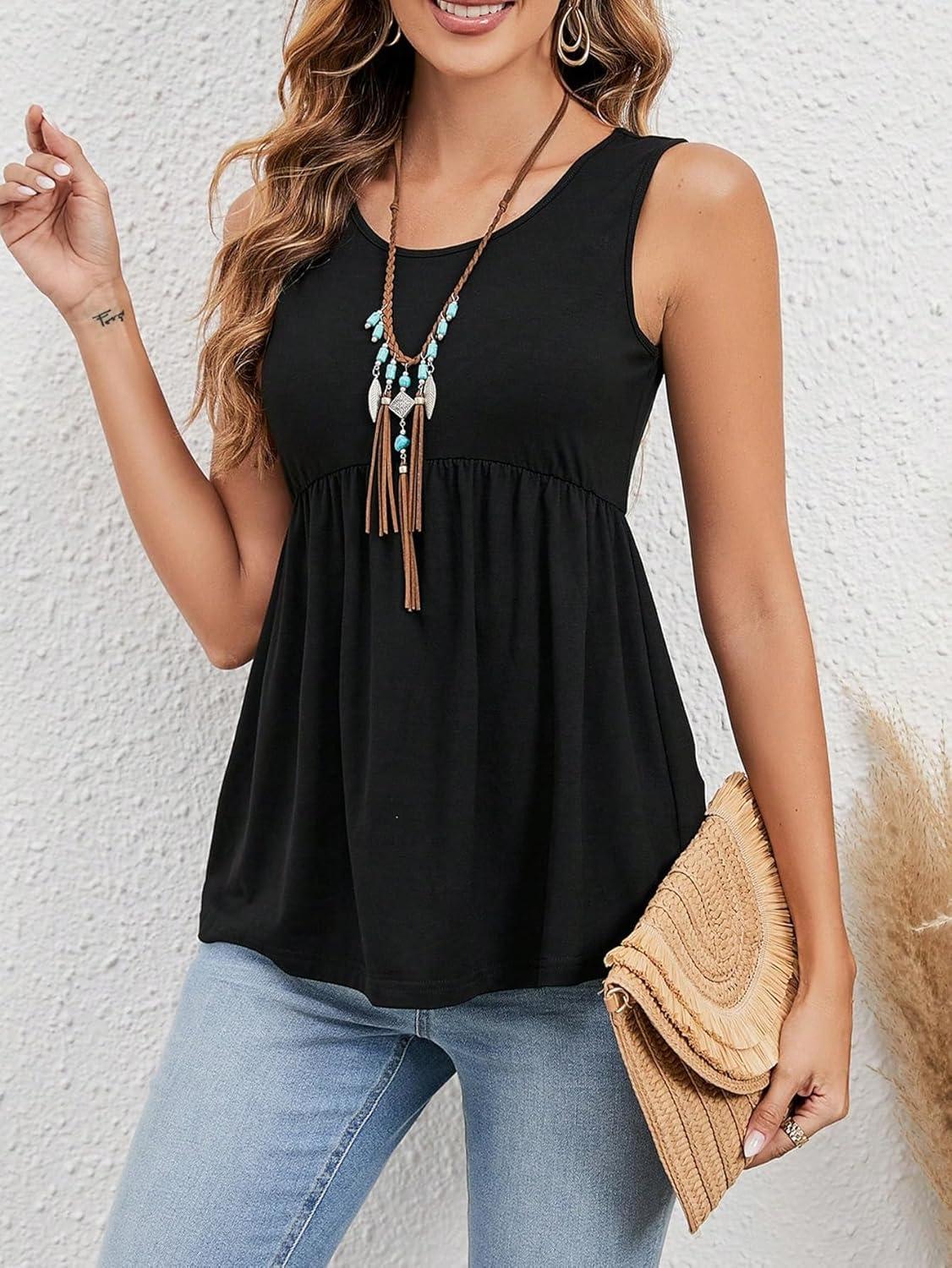 imageSweatyRocks Womens Summer Scoop Neck Ruffle Hem Babydoll Tank Sleeveless Peplum Tunic TopBlack