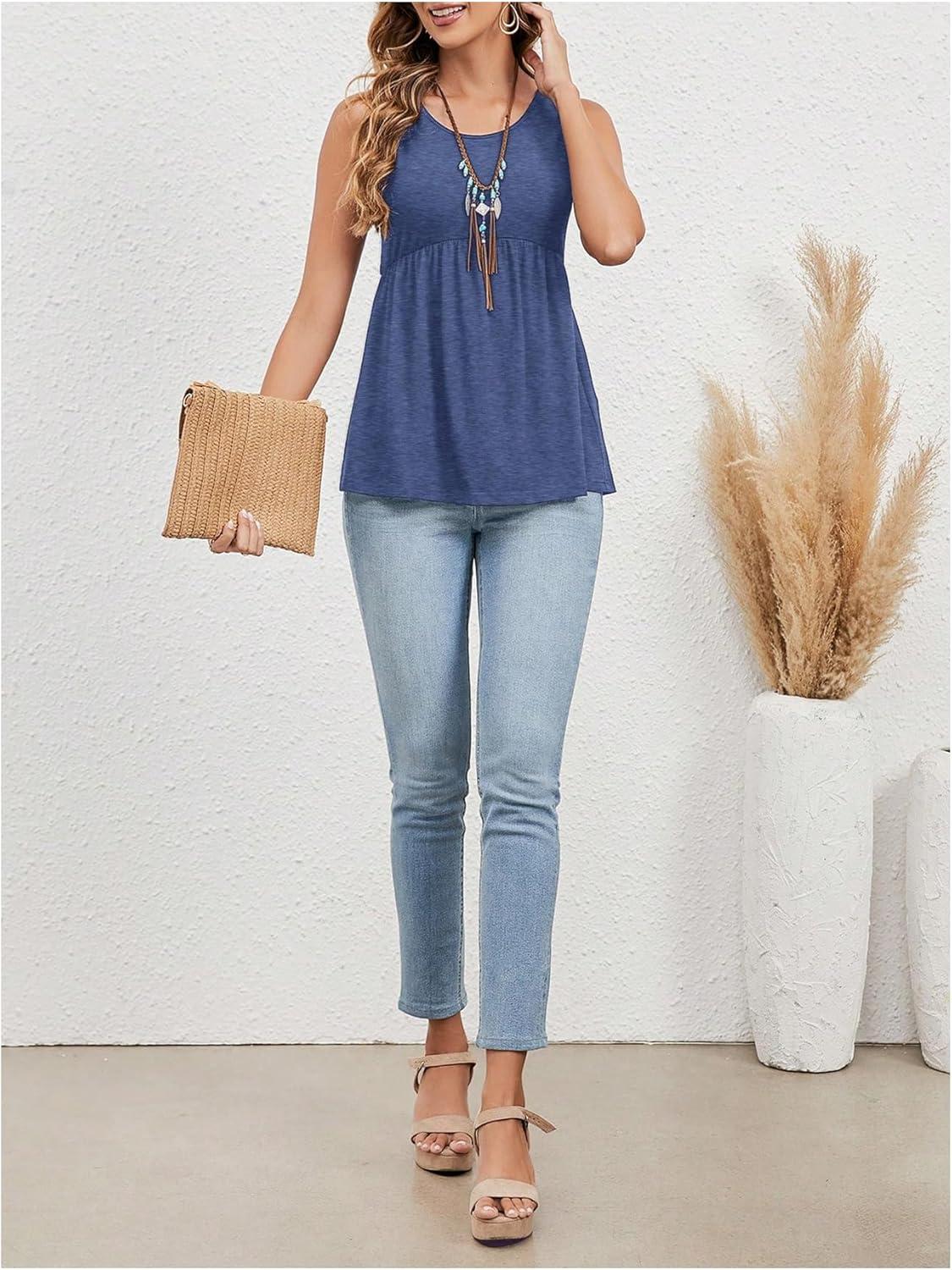 imageSweatyRocks Womens Summer Scoop Neck Ruffle Hem Babydoll Tank Sleeveless Peplum Tunic TopBlue